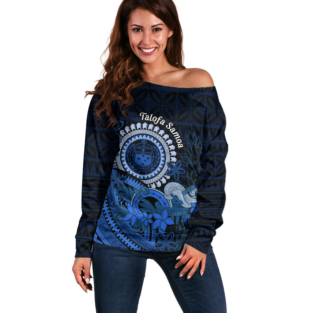 Talofa Samoa Off Shoulder Sweater Samoan Kava Bowl Siapo Pattern - Blue LT14 Women Blue - Polynesian Pride