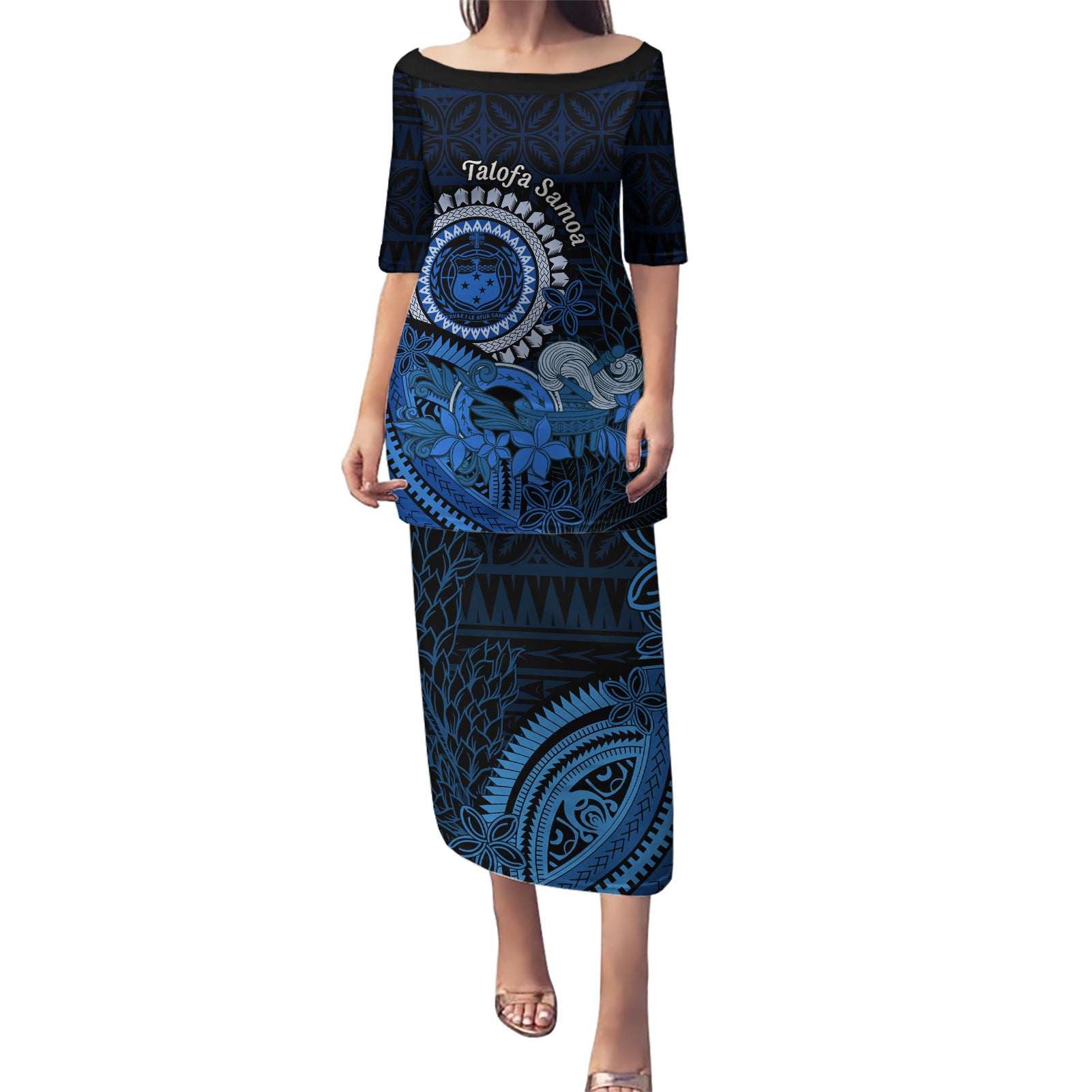 Talofa Samoa Puletasi Samoan Kava Bowl Siapo Pattern - Blue LT14 Long Dress Blue - Polynesian Pride