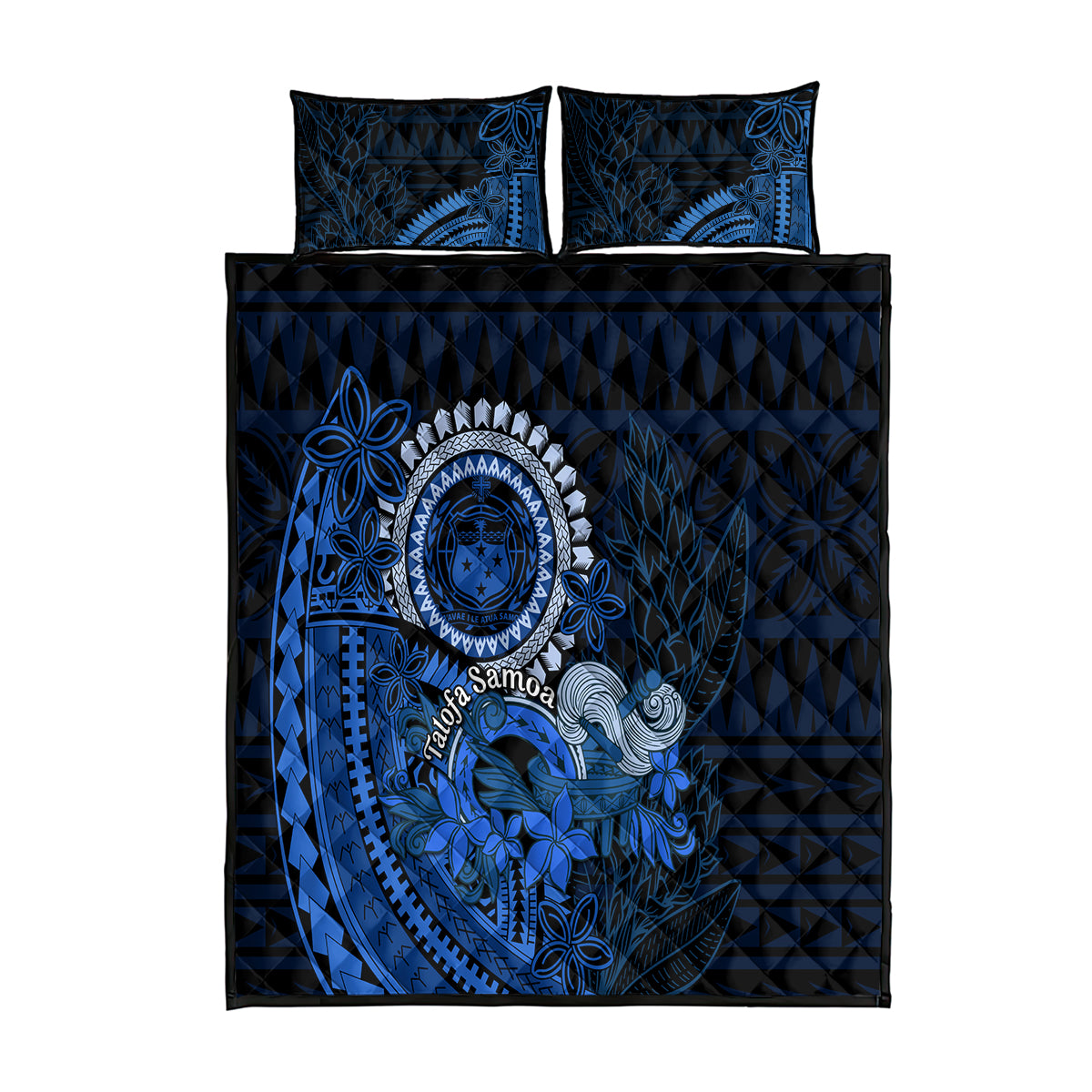 Talofa Samoa Quilt Bed Set Samoan Kava Bowl Siapo Pattern - Blue LT14 Blue - Polynesian Pride