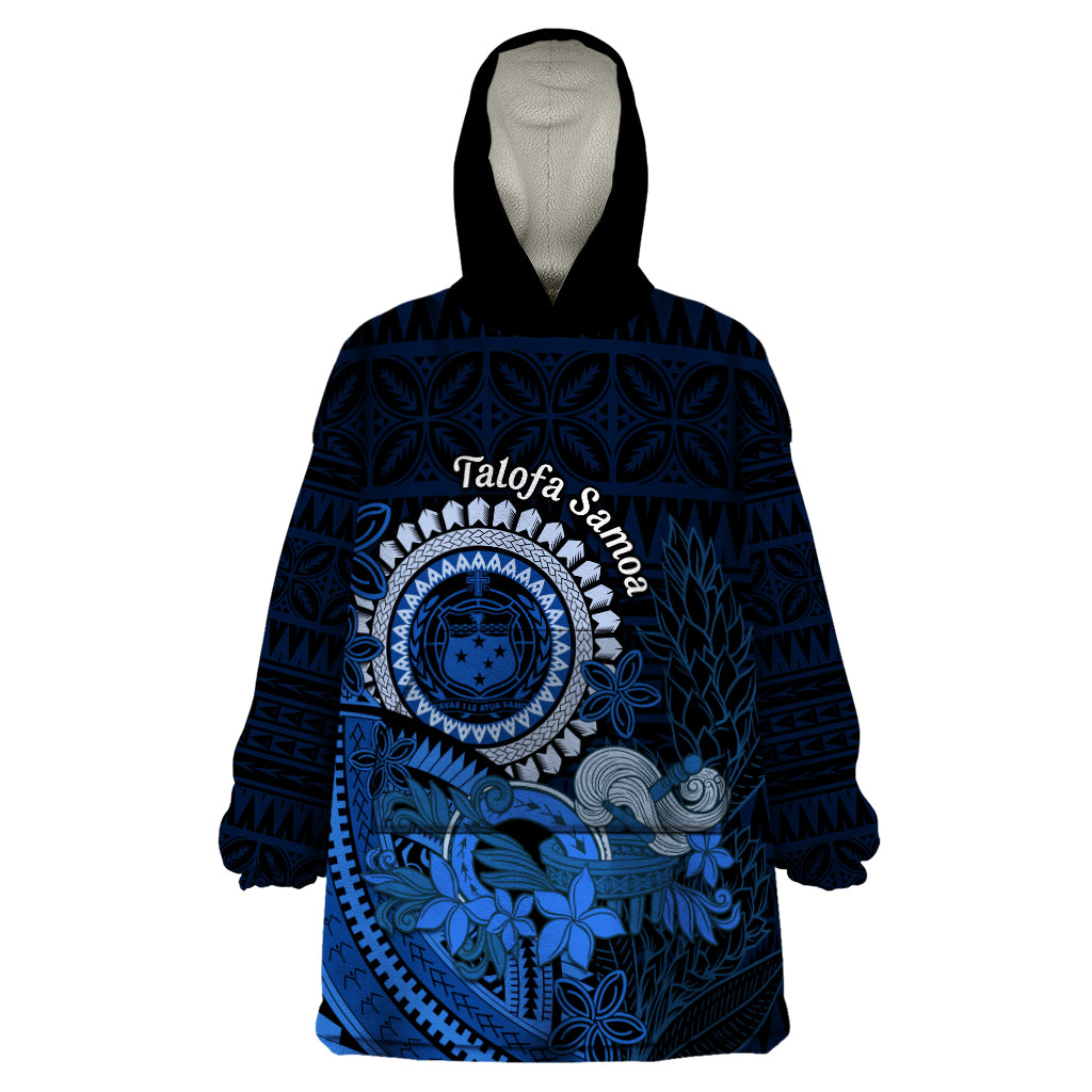 Talofa Samoa Wearable Blanket Hoodie Samoan Kava Bowl Siapo Pattern - Blue LT14 One Size Blue - Polynesian Pride