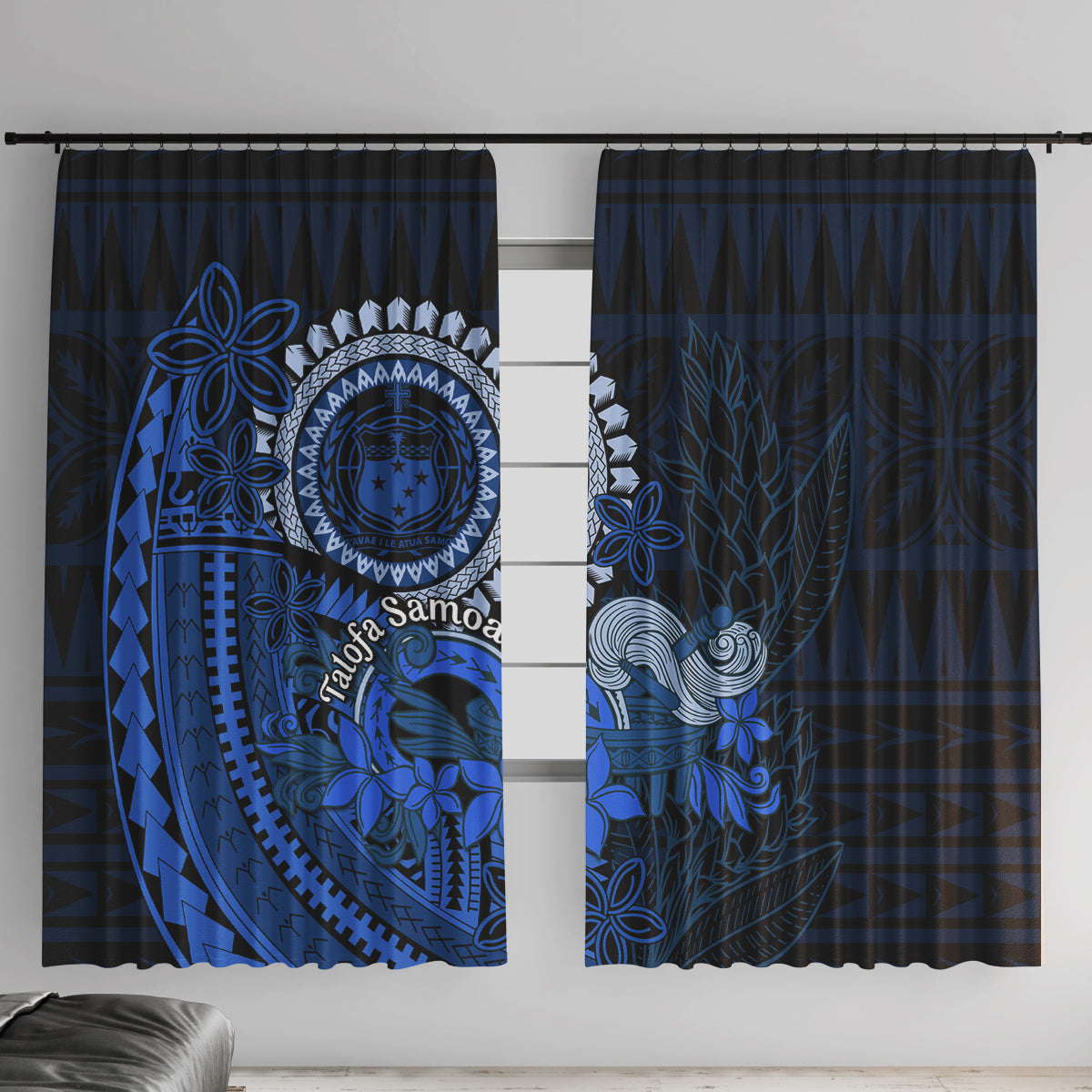 Talofa Samoa Window Curtain Samoan Kava Bowl Siapo Pattern - Blue LT14 With Hooks Blue - Polynesian Pride