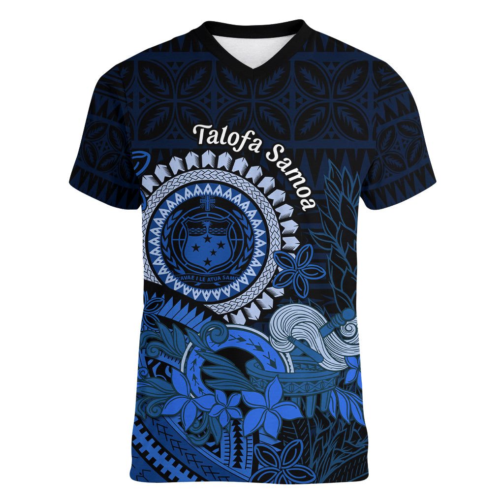 Talofa Samoa Women V Neck T Shirt Samoan Kava Bowl Siapo Pattern - Blue LT14 Female Blue - Polynesian Pride