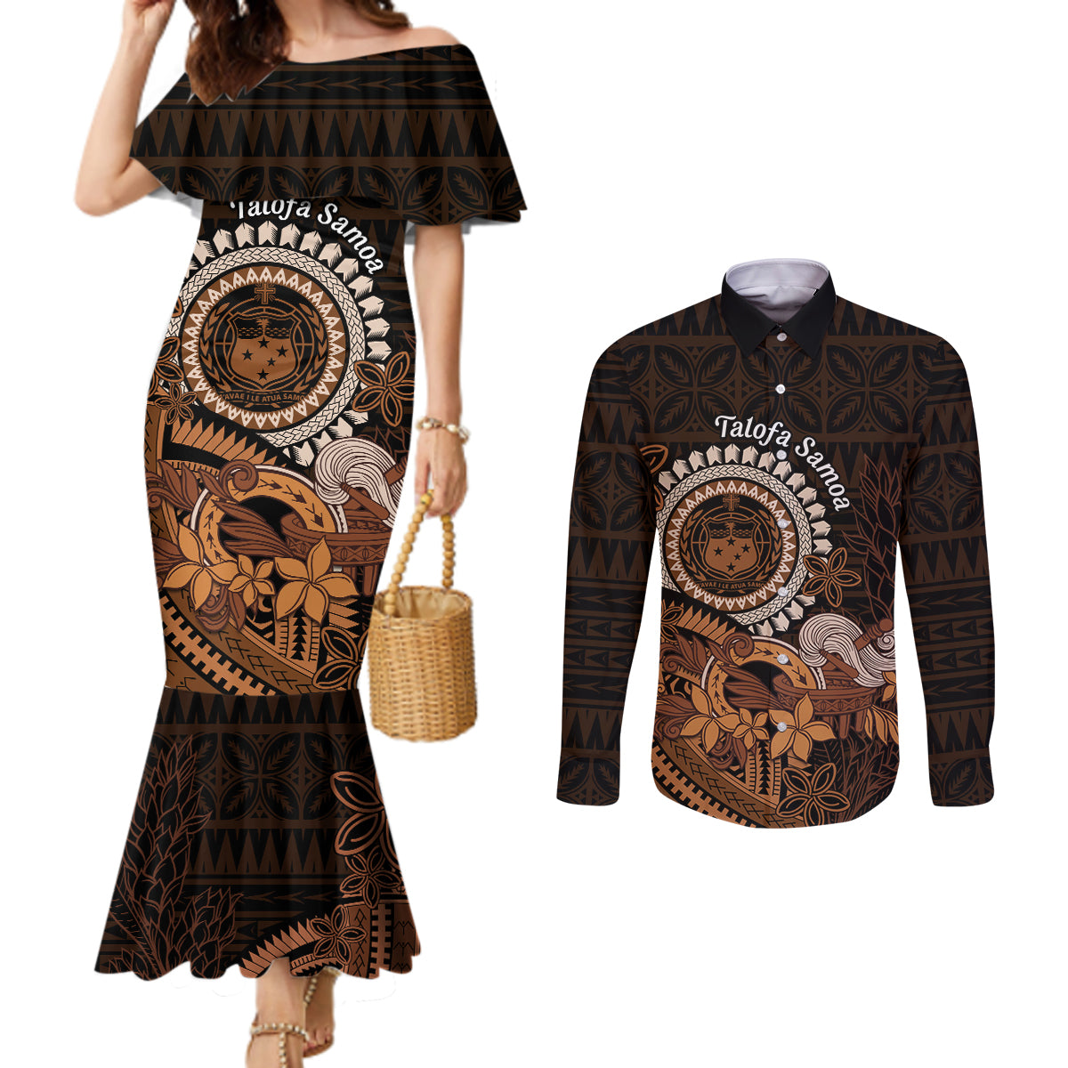 Talofa Samoa Couples Matching Mermaid Dress and Long Sleeve Button Shirt Samoan Kava Bowl Siapo Pattern - Brown LT14 Brown - Polynesian Pride