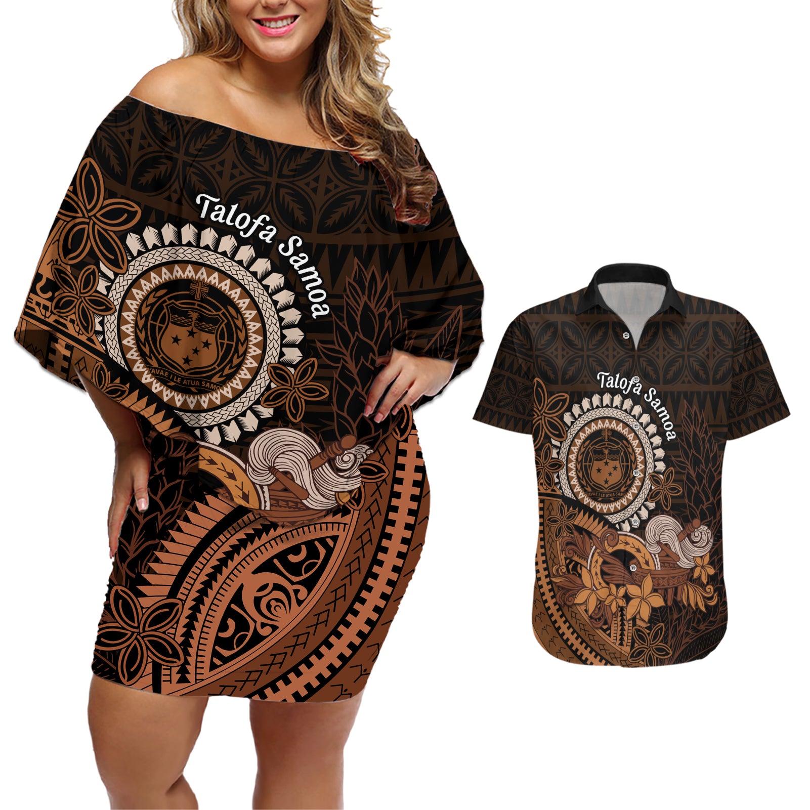 Talofa Samoa Couples Matching Off Shoulder Short Dress and Hawaiian Shirt Samoan Kava Bowl Siapo Pattern - Brown LT14 Brown - Polynesian Pride