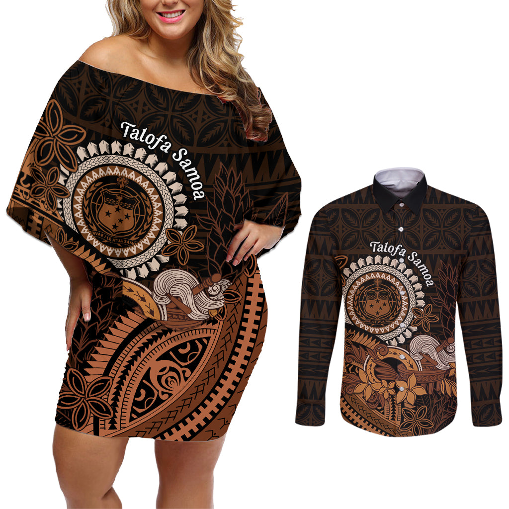 Talofa Samoa Couples Matching Off Shoulder Short Dress and Long Sleeve Button Shirt Samoan Kava Bowl Siapo Pattern - Brown LT14 Brown - Polynesian Pride