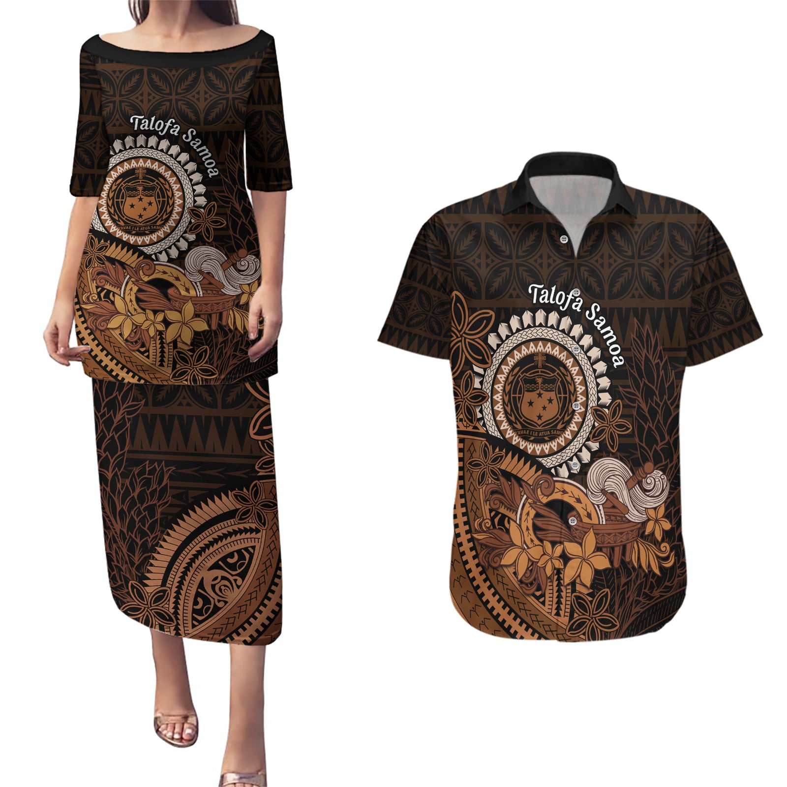 Talofa Samoa Couples Matching Puletasi Dress and Hawaiian Shirt Samoan Kava Bowl Siapo Pattern - Brown LT14 Brown - Polynesian Pride