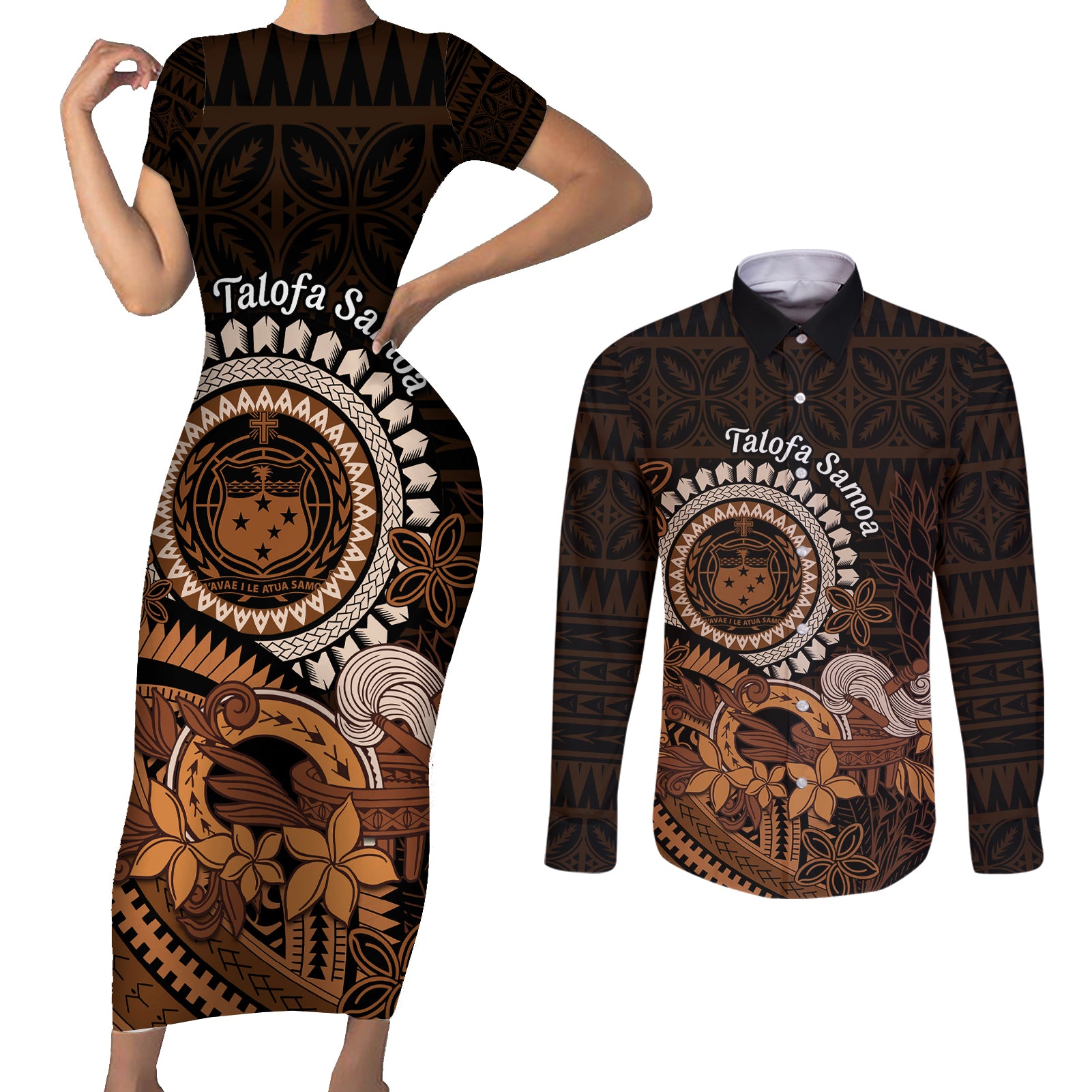 Talofa Samoa Couples Matching Short Sleeve Bodycon Dress and Long Sleeve Button Shirt Samoan Kava Bowl Siapo Pattern - Brown LT14 Brown - Polynesian Pride