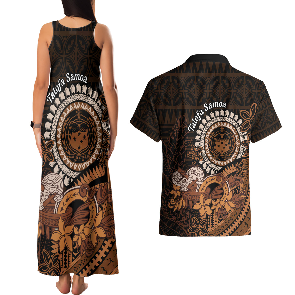 Talofa Samoa Couples Matching Tank Maxi Dress and Hawaiian Shirt Samoan Kava Bowl Siapo Pattern - Brown LT14 - Polynesian Pride