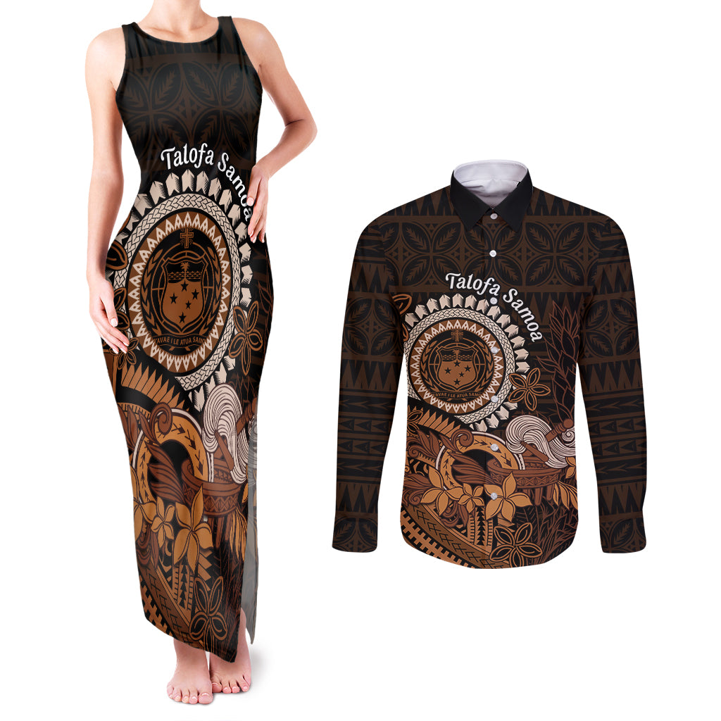 Talofa Samoa Couples Matching Tank Maxi Dress and Long Sleeve Button Shirt Samoan Kava Bowl Siapo Pattern - Brown LT14 Brown - Polynesian Pride