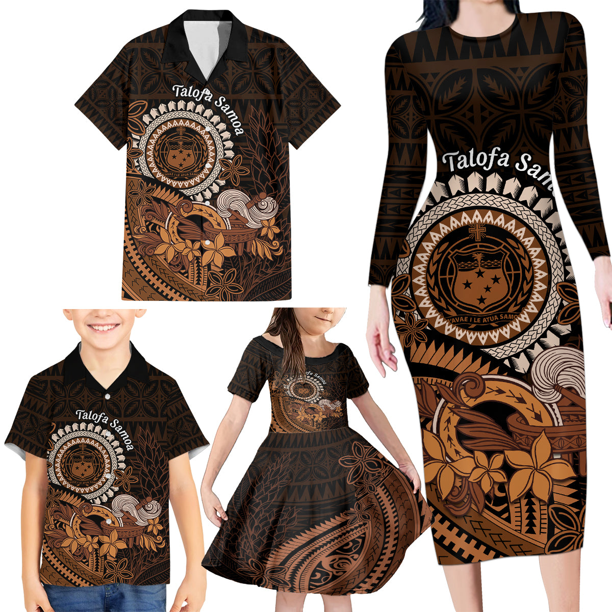 Talofa Samoa Family Matching Long Sleeve Bodycon Dress and Hawaiian Shirt Samoan Kava Bowl Siapo Pattern - Brown LT14 - Polynesian Pride