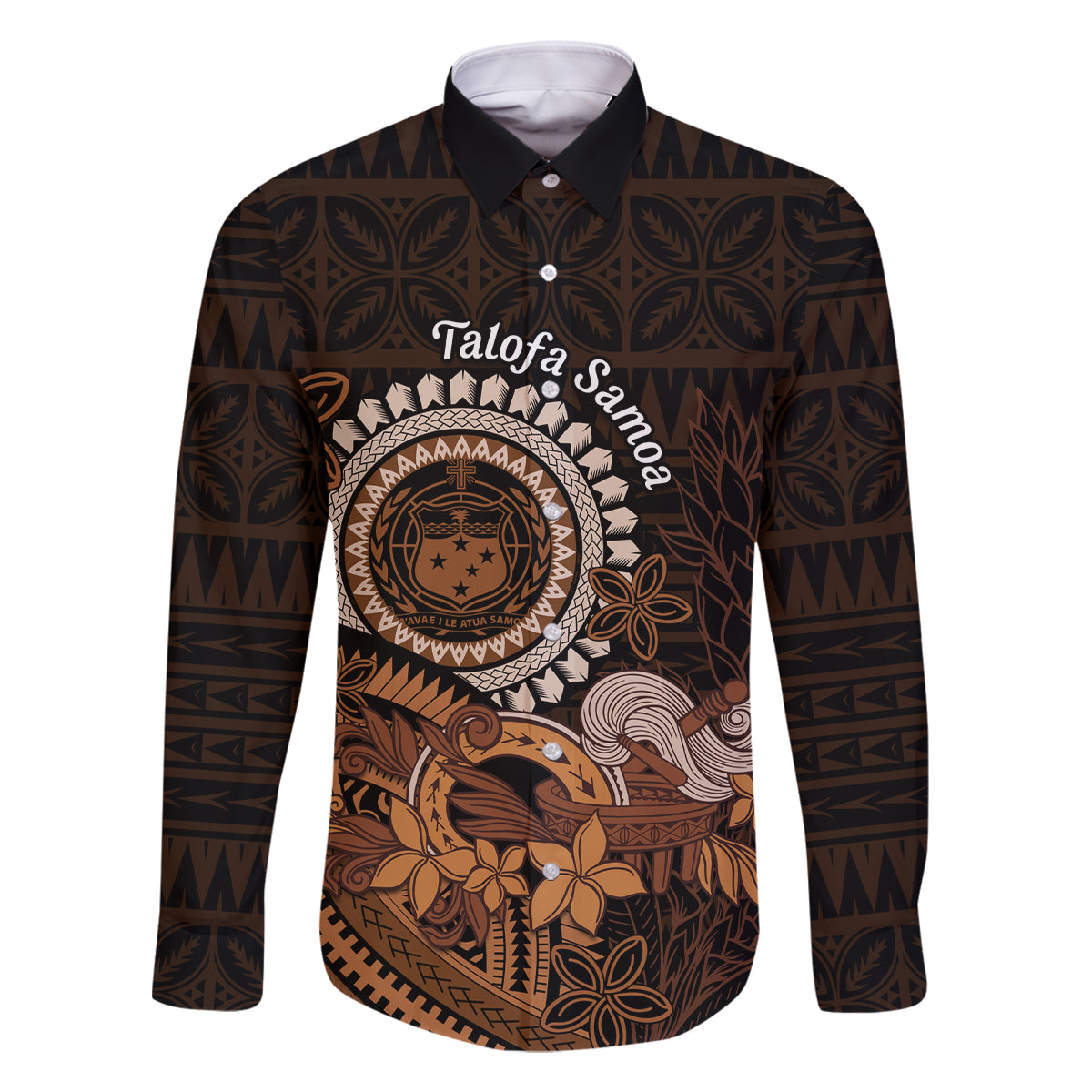 Talofa Samoa Family Matching Long Sleeve Bodycon Dress and Hawaiian Shirt Samoan Kava Bowl Siapo Pattern - Brown LT14 Dad's Shirt - Long Sleeve Brown - Polynesian Pride