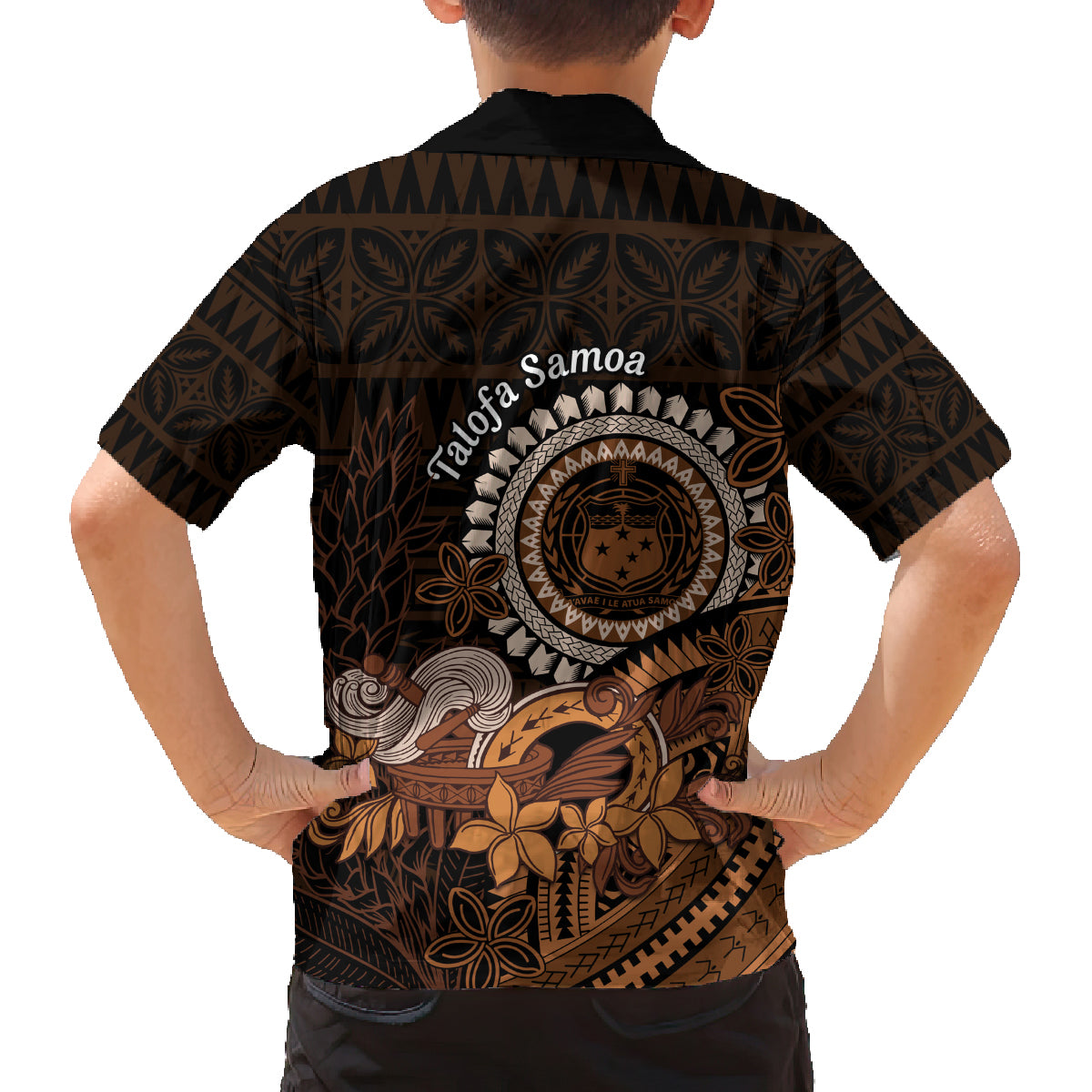 Talofa Samoa Family Matching Off Shoulder Long Sleeve Dress and Hawaiian Shirt Samoan Kava Bowl Siapo Pattern - Brown LT14 - Polynesian Pride