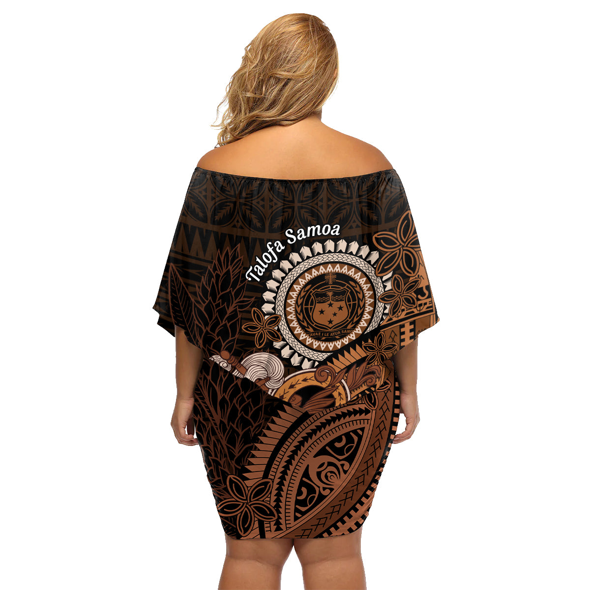 Talofa Samoa Family Matching Off Shoulder Short Dress and Hawaiian Shirt Samoan Kava Bowl Siapo Pattern - Brown LT14 - Polynesian Pride