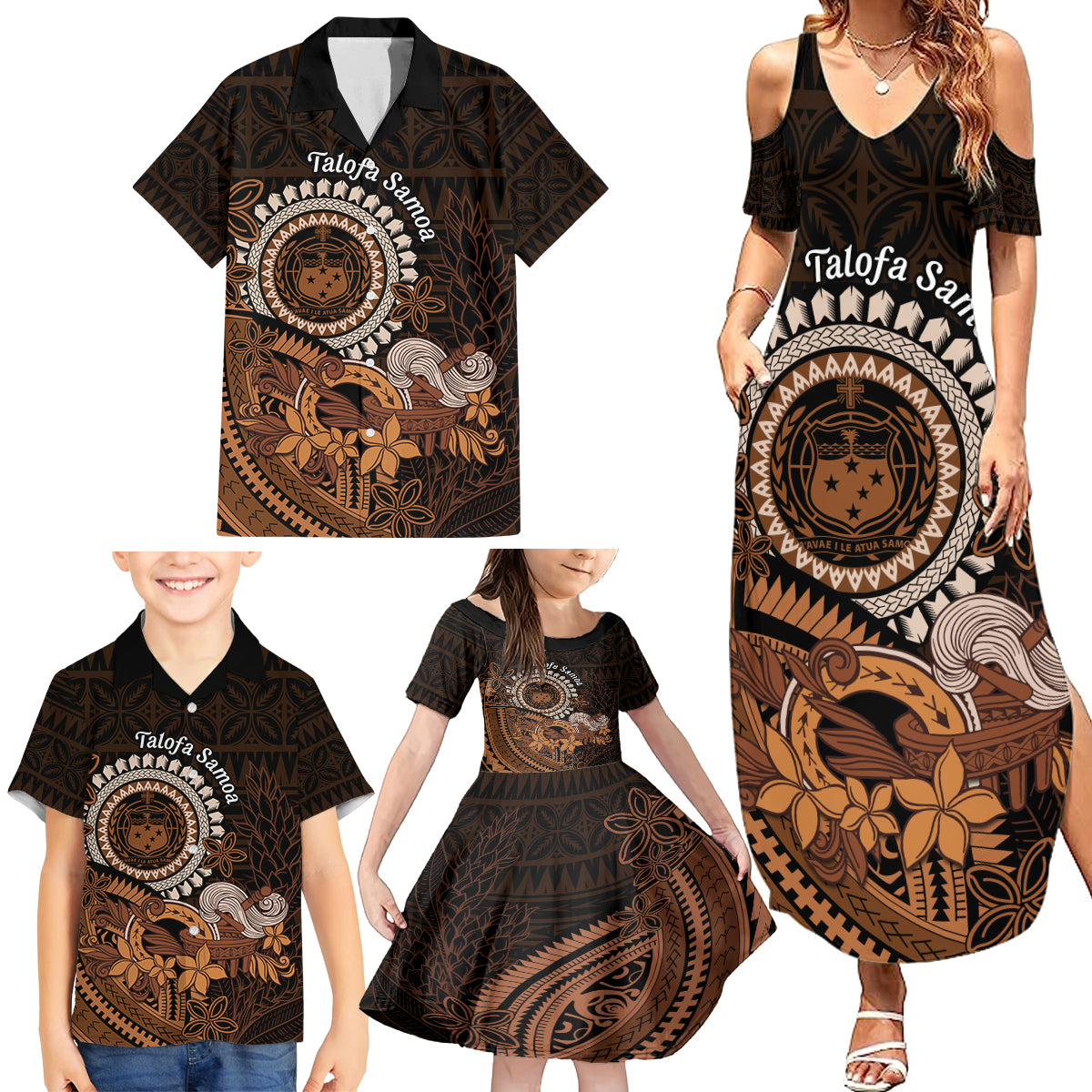 Talofa Samoa Family Matching Summer Maxi Dress and Hawaiian Shirt Samoan Kava Bowl Siapo Pattern - Brown LT14 - Polynesian Pride