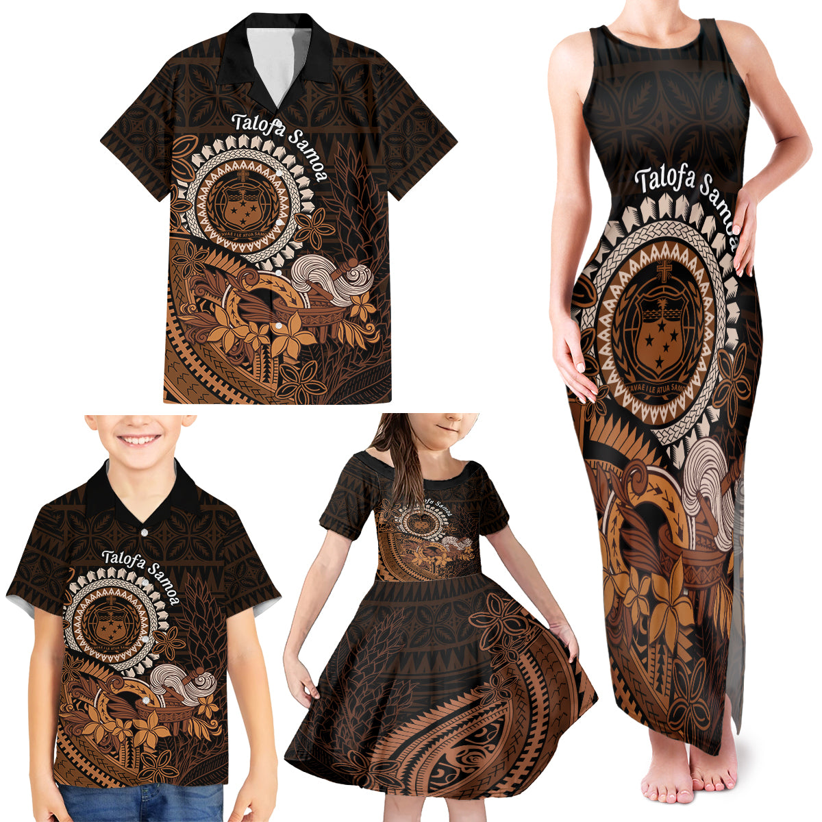 Talofa Samoa Family Matching Tank Maxi Dress and Hawaiian Shirt Samoan Kava Bowl Siapo Pattern - Brown LT14 - Polynesian Pride