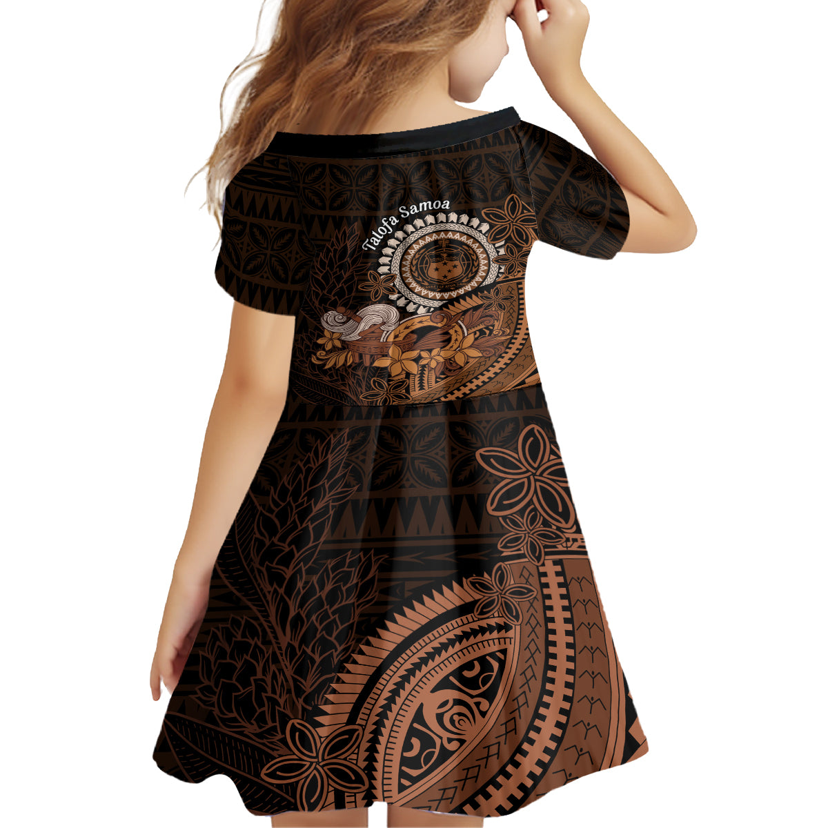Talofa Samoa Kid Short Sleeve Dress Samoan Kava Bowl Siapo Pattern - Brown LT14 - Polynesian Pride