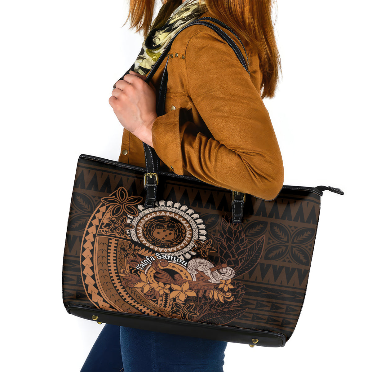 Talofa Samoa Leather Tote Bag Samoan Kava Bowl Siapo Pattern - Brown LT14 Brown - Polynesian Pride