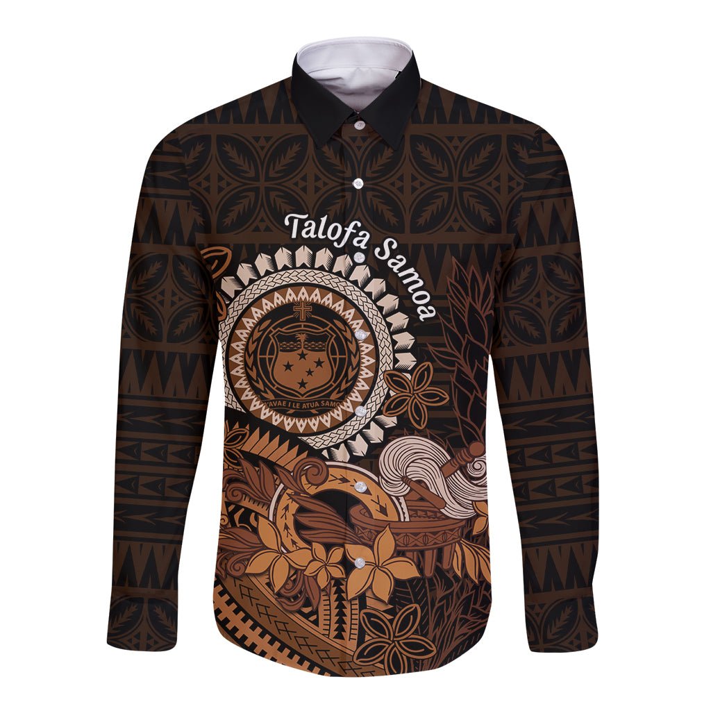 Talofa Samoa Long Sleeve Button Shirt Samoan Kava Bowl Siapo Pattern - Brown LT14 Unisex Brown - Polynesian Pride