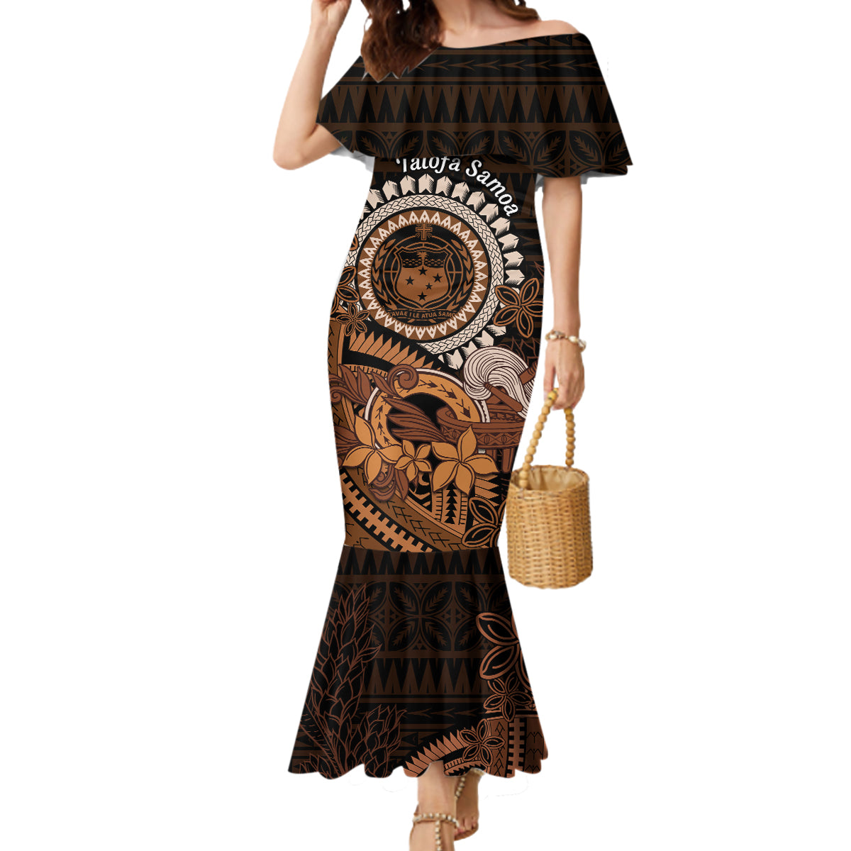 Talofa Samoa Mermaid Dress Samoan Kava Bowl Siapo Pattern - Brown LT14 Women Brown - Polynesian Pride