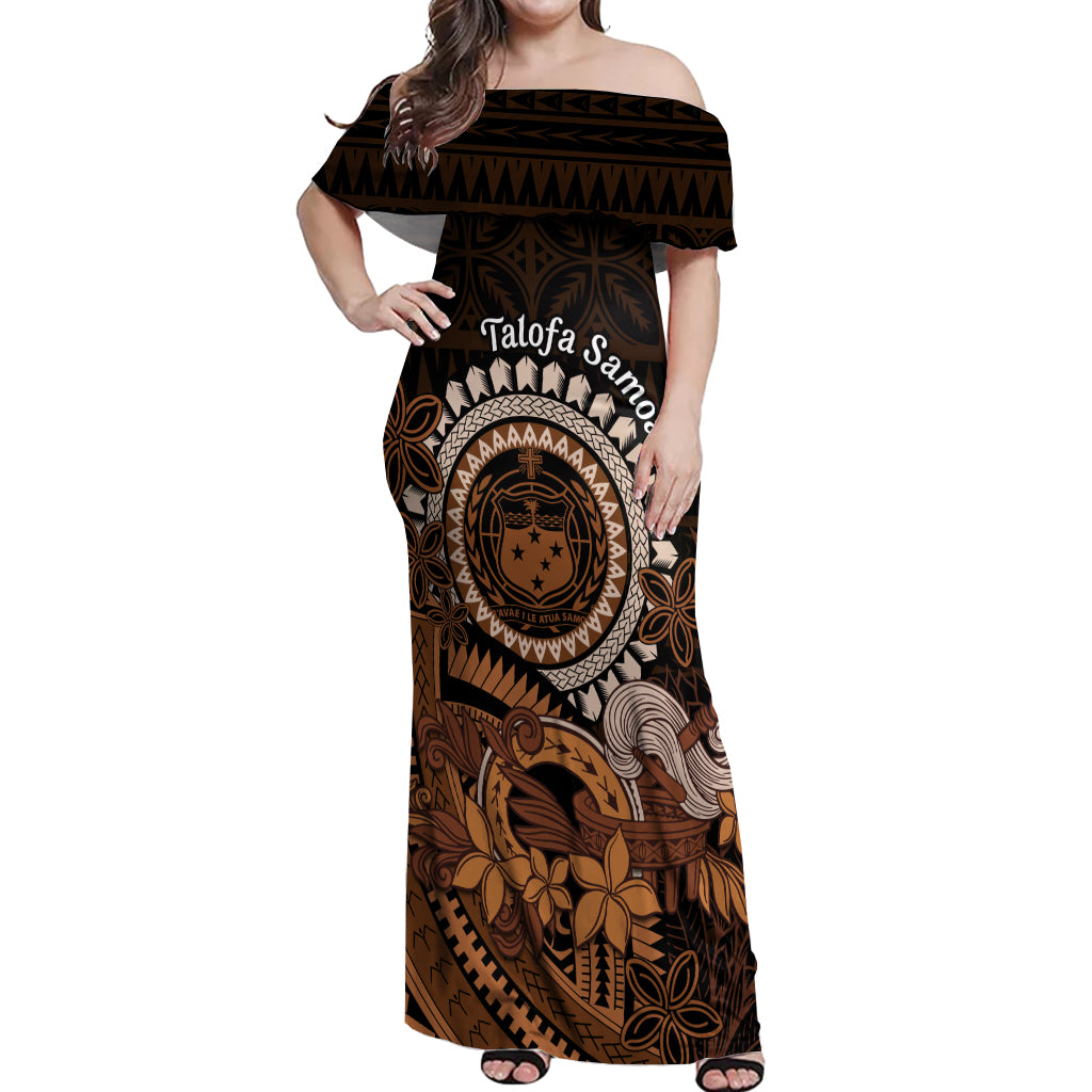 Talofa Samoa Off Shoulder Maxi Dress Samoan Kava Bowl Siapo Pattern - Brown LT14 Women Brown - Polynesian Pride