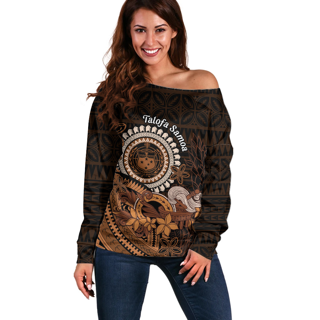 Talofa Samoa Off Shoulder Sweater Samoan Kava Bowl Siapo Pattern - Brown LT14 Women Brown - Polynesian Pride