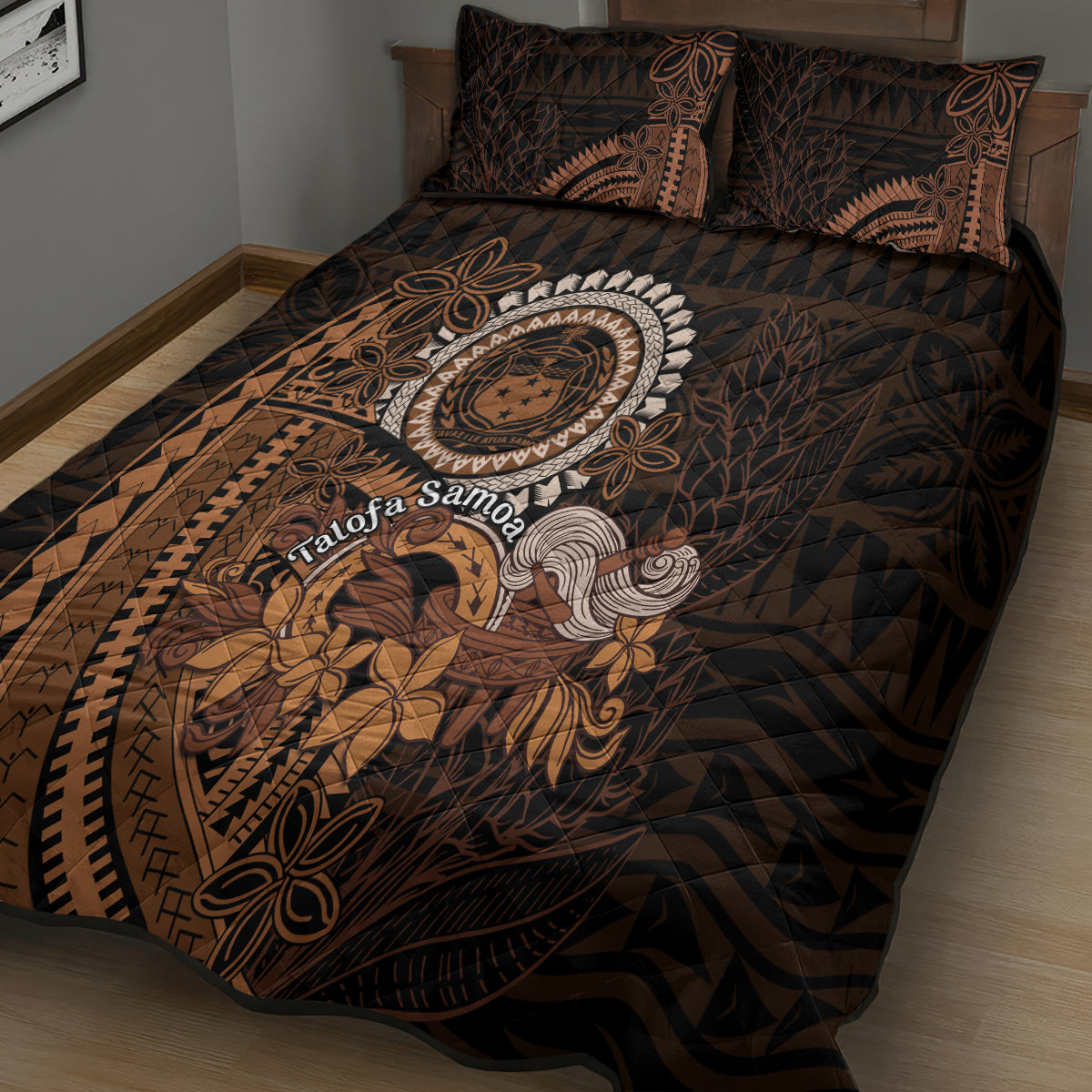 Talofa Samoa Quilt Bed Set Samoan Kava Bowl Siapo Pattern - Brown LT14 - Polynesian Pride