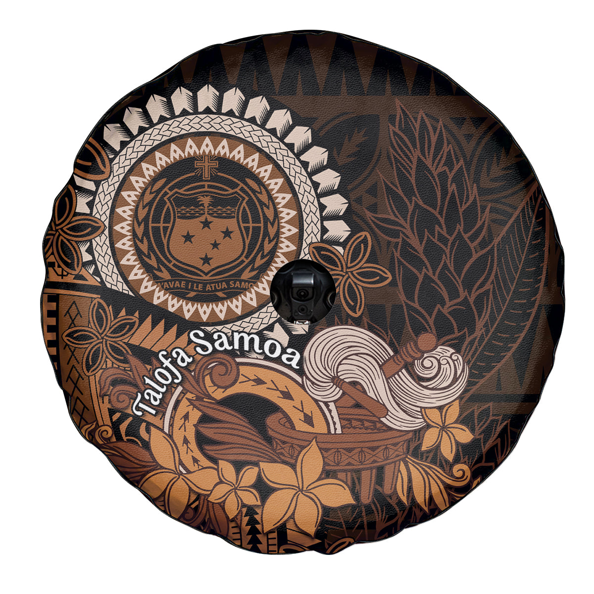 Talofa Samoa Spare Tire Cover Samoan Kava Bowl Siapo Pattern - Brown LT14 - Polynesian Pride