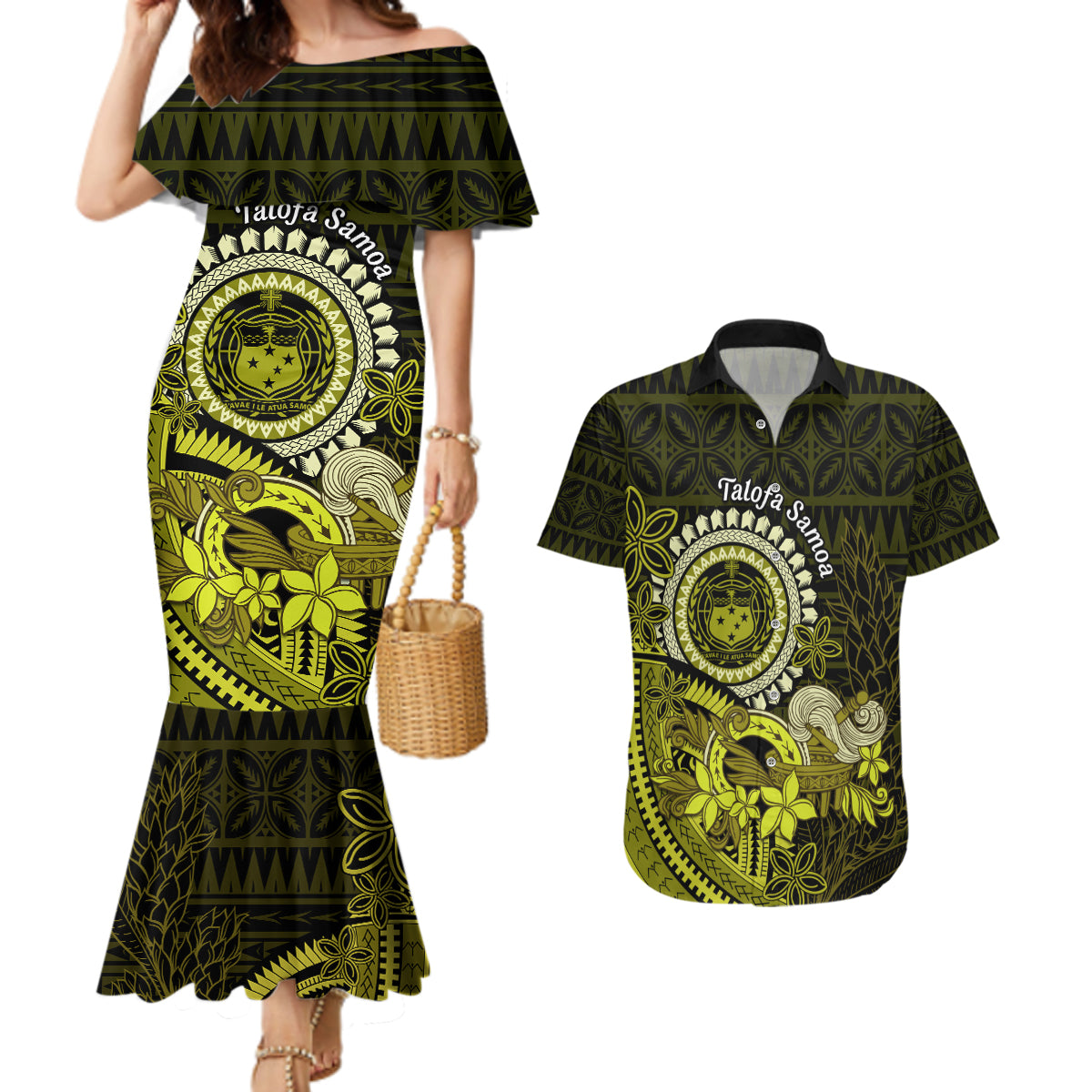 Lime Green Talofa Samoa Couples Matching Mermaid Dress and Hawaiian Shirt Samoan Kava Bowl Siapo Pattern LT14 Lime Green - Polynesian Pride