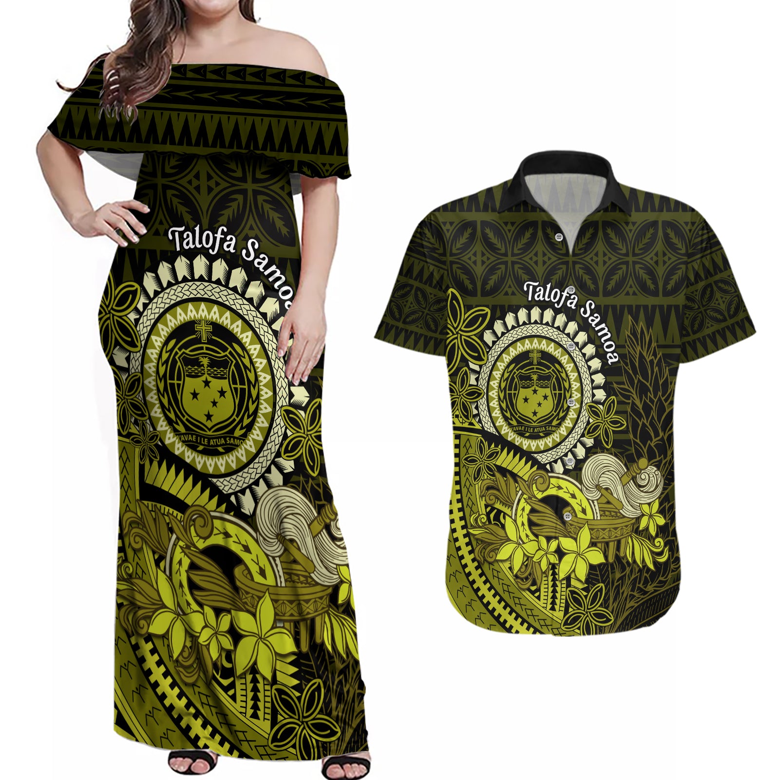 Lime Green Talofa Samoa Couples Matching Off Shoulder Maxi Dress and Hawaiian Shirt Samoan Kava Bowl Siapo Pattern LT14 Lime Green - Polynesian Pride