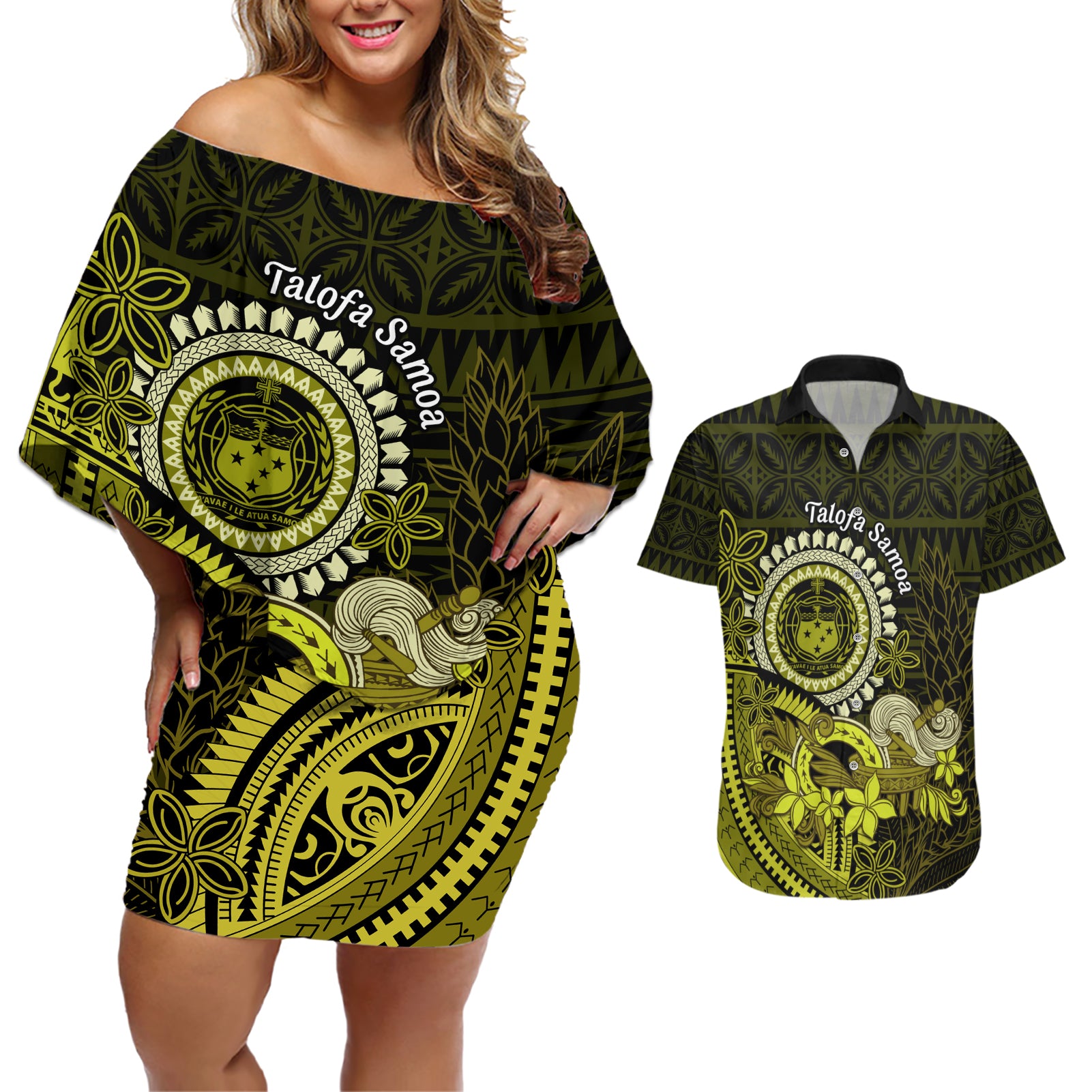 Lime Green Talofa Samoa Couples Matching Off Shoulder Short Dress and Hawaiian Shirt Samoan Kava Bowl Siapo Pattern LT14 Lime Green - Polynesian Pride