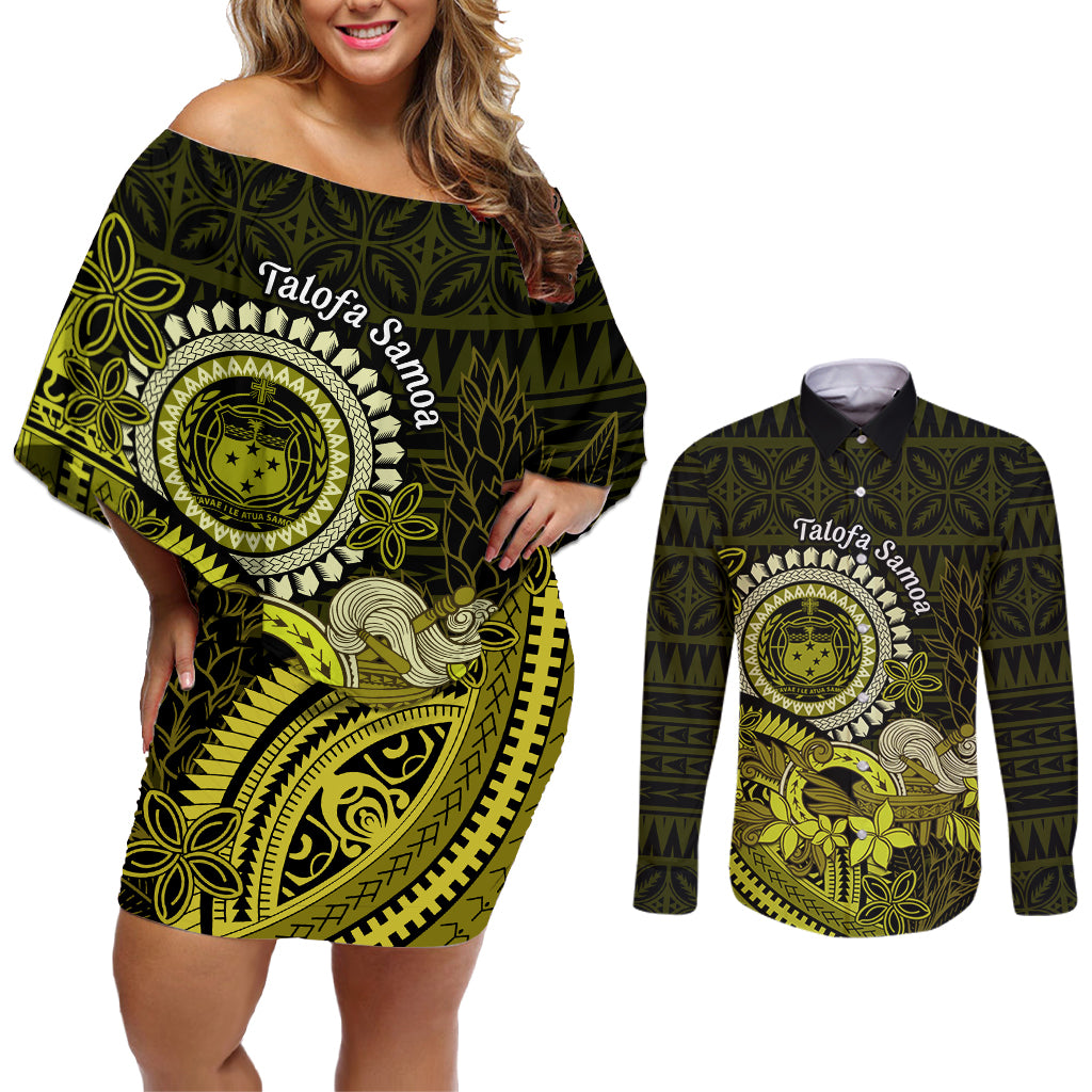 Lime Green Talofa Samoa Couples Matching Off Shoulder Short Dress and Long Sleeve Button Shirt Samoan Kava Bowl Siapo Pattern LT14 Lime Green - Polynesian Pride