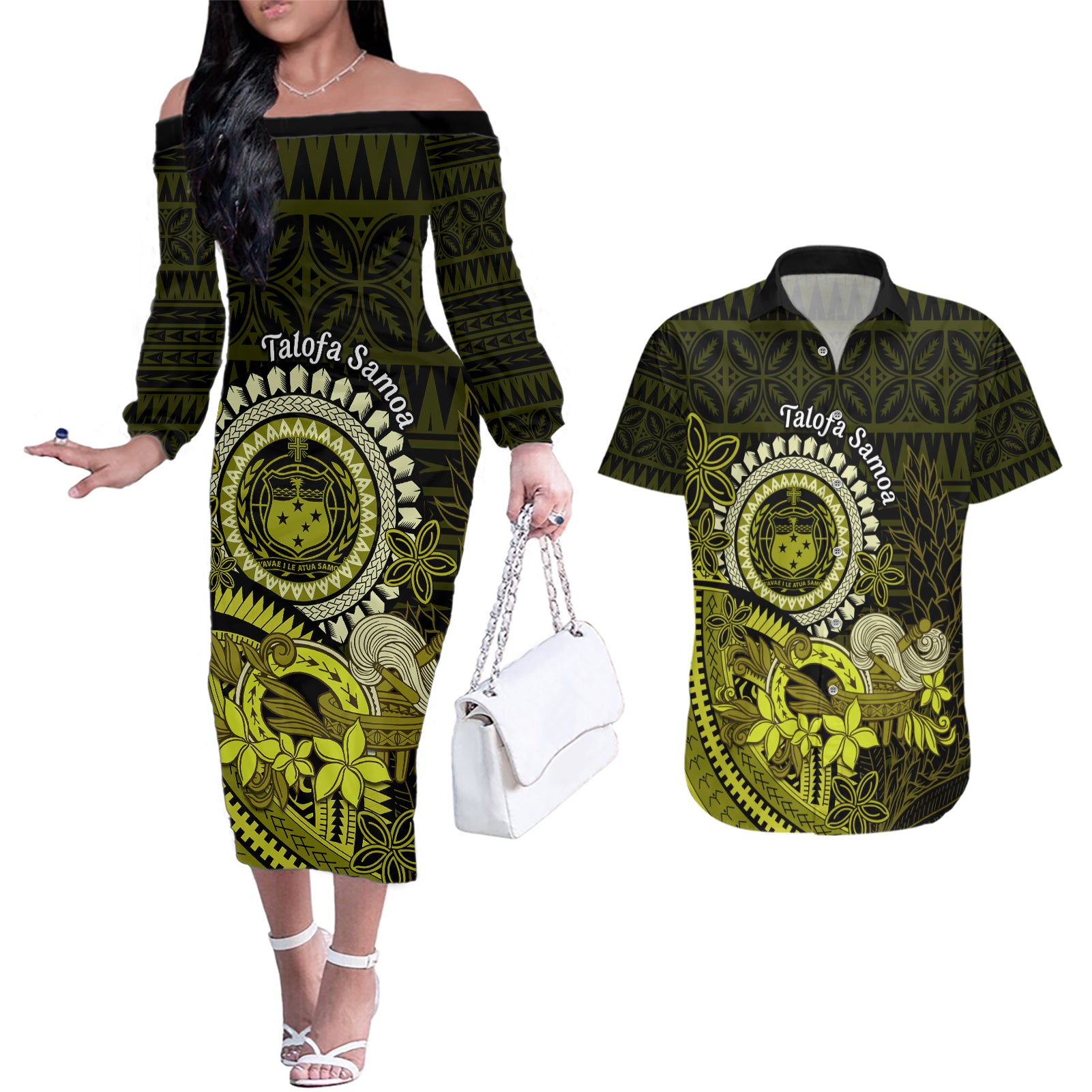 Lime Green Talofa Samoa Couples Matching Off The Shoulder Long Sleeve Dress and Hawaiian Shirt Samoan Kava Bowl Siapo Pattern LT14 Lime Green - Polynesian Pride