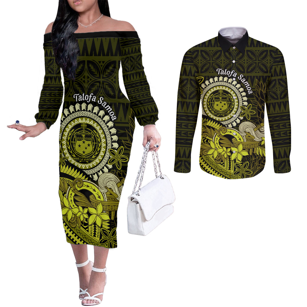 Lime Green Talofa Samoa Couples Matching Off The Shoulder Long Sleeve Dress and Long Sleeve Button Shirt Samoan Kava Bowl Siapo Pattern LT14 Lime Green - Polynesian Pride