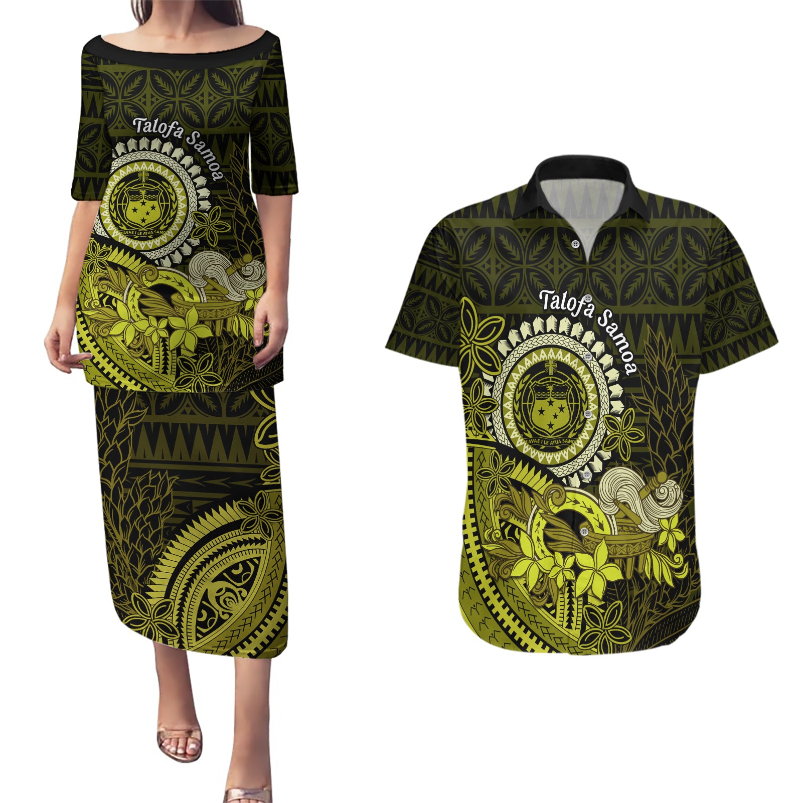 Lime Green Talofa Samoa Couples Matching Puletasi Dress and Hawaiian Shirt Samoan Kava Bowl Siapo Pattern LT14 Lime Green - Polynesian Pride