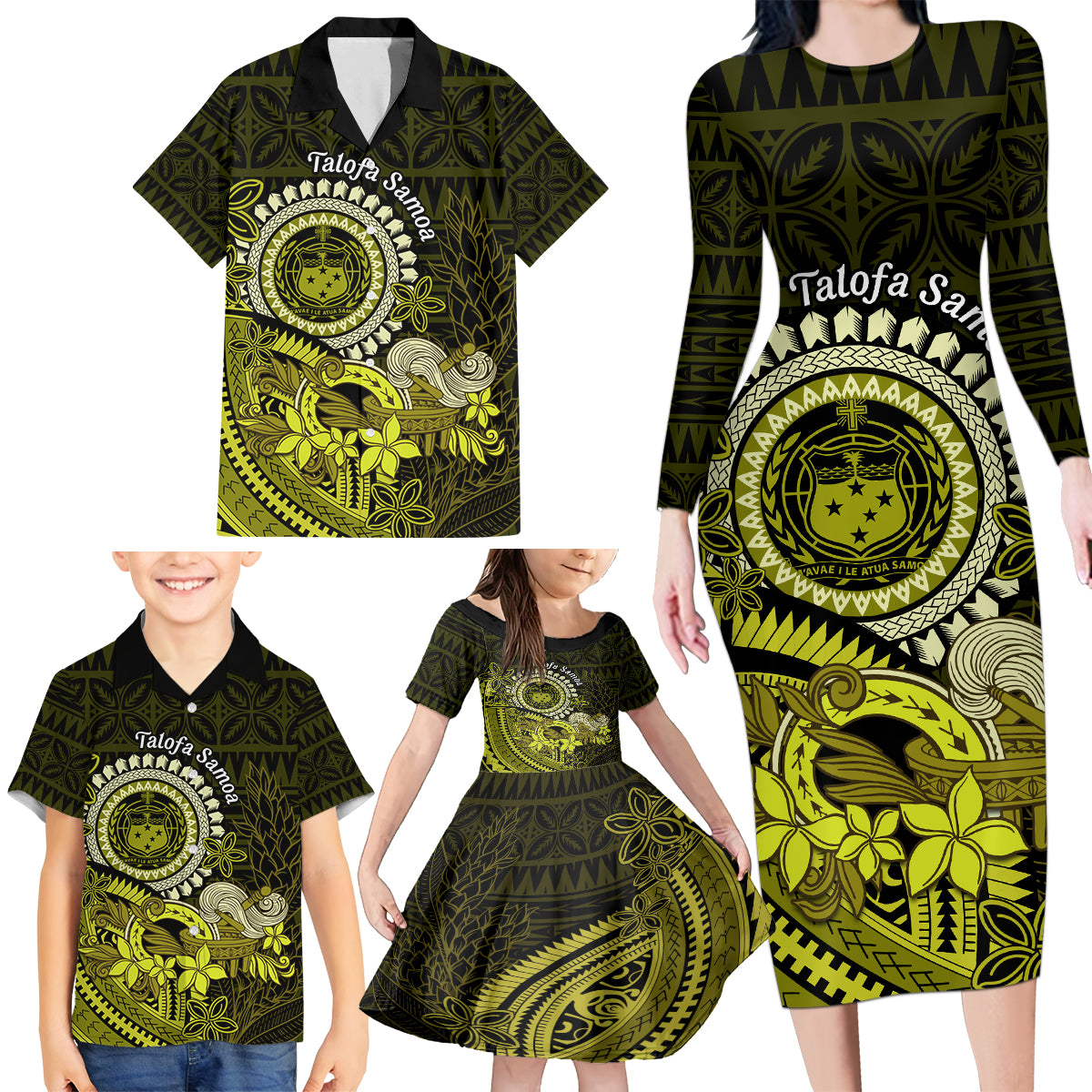 Lime Green Talofa Samoa Family Matching Long Sleeve Bodycon Dress and Hawaiian Shirt Samoan Kava Bowl Siapo Pattern LT14 - Polynesian Pride