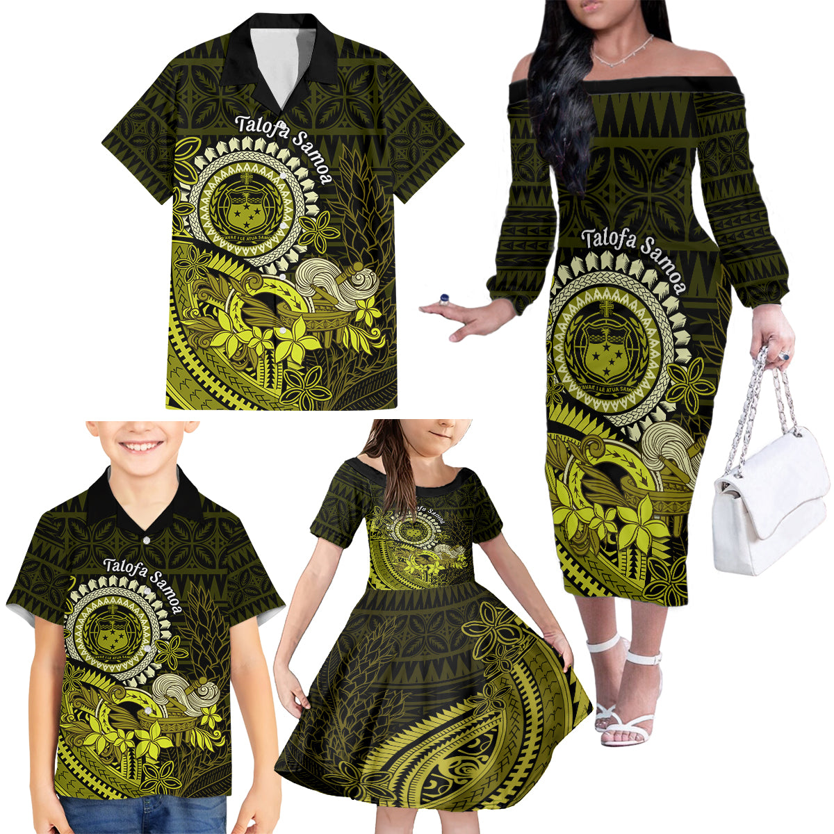 Lime Green Talofa Samoa Family Matching Off Shoulder Long Sleeve Dress and Hawaiian Shirt Samoan Kava Bowl Siapo Pattern LT14 - Polynesian Pride