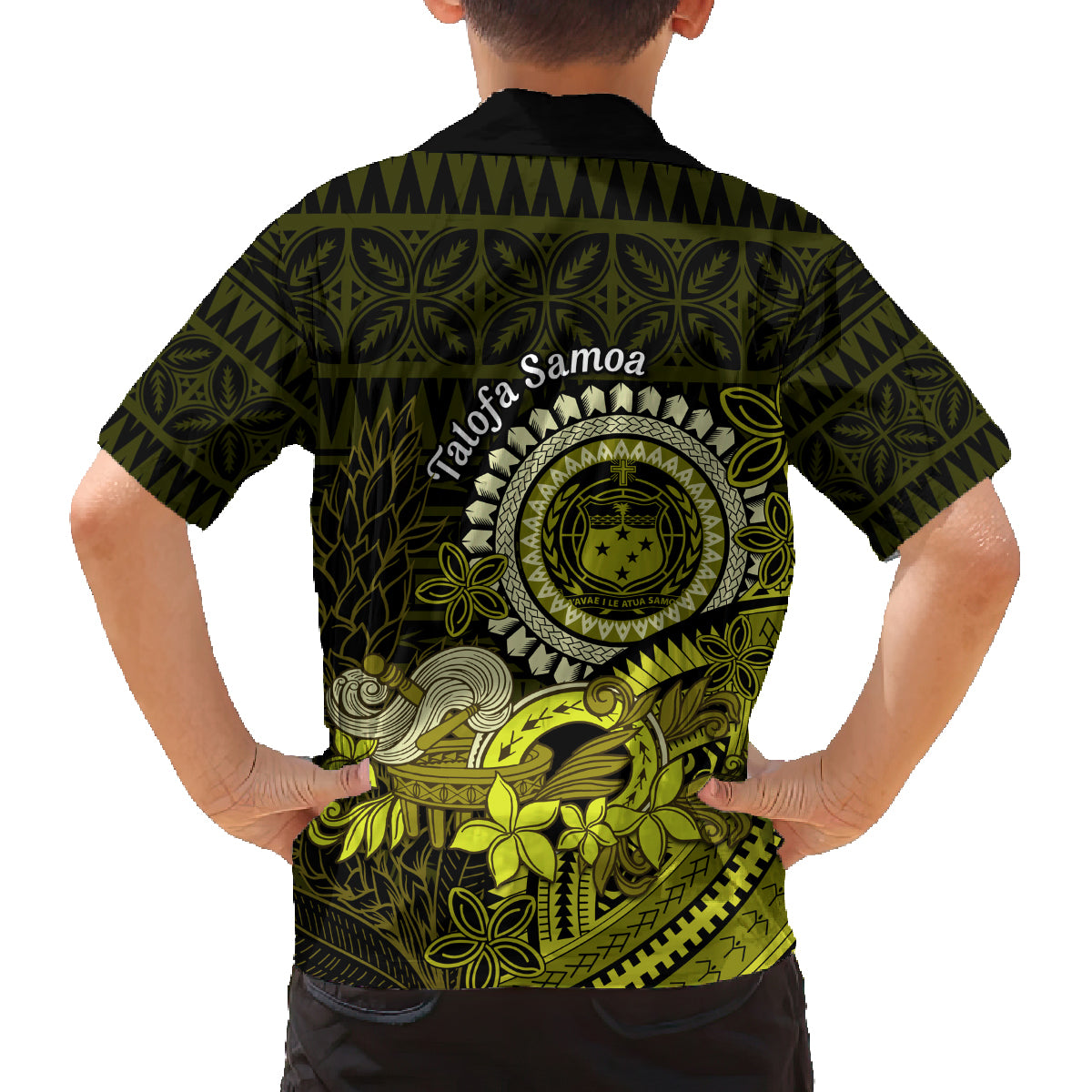 Lime Green Talofa Samoa Family Matching Off Shoulder Short Dress and Hawaiian Shirt Samoan Kava Bowl Siapo Pattern LT14 - Polynesian Pride