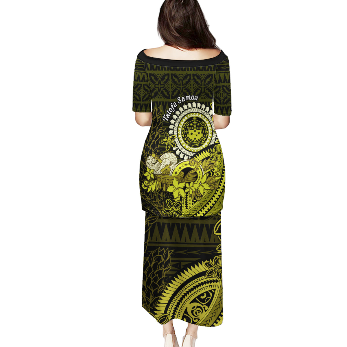 Lime Green Talofa Samoa Family Matching Puletasi Dress and Hawaiian Shirt Samoan Kava Bowl Siapo Pattern LT14 - Polynesian Pride