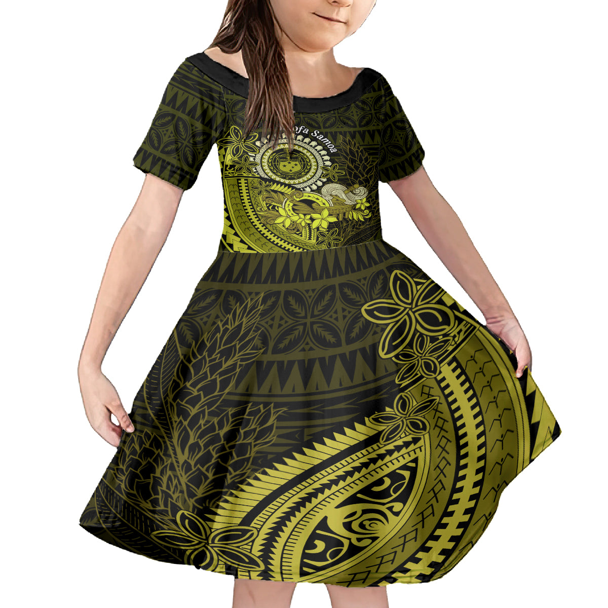 Lime Green Talofa Samoa Family Matching Tank Maxi Dress and Hawaiian Shirt Samoan Kava Bowl Siapo Pattern LT14 Daughter's Dress Lime Green - Polynesian Pride