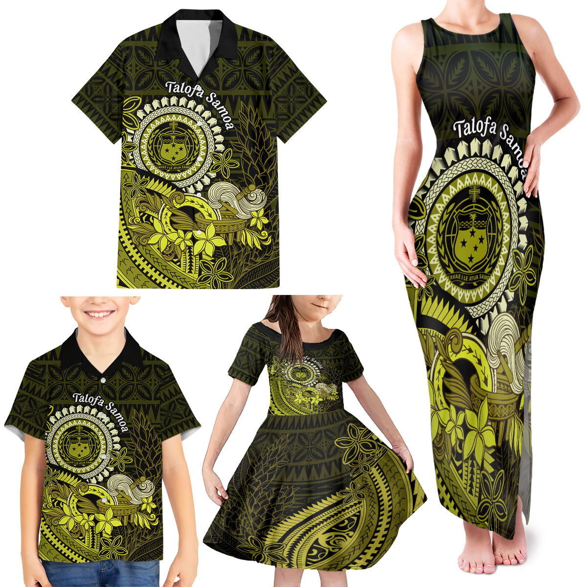 Lime Green Talofa Samoa Family Matching Tank Maxi Dress and Hawaiian Shirt Samoan Kava Bowl Siapo Pattern LT14 - Polynesian Pride