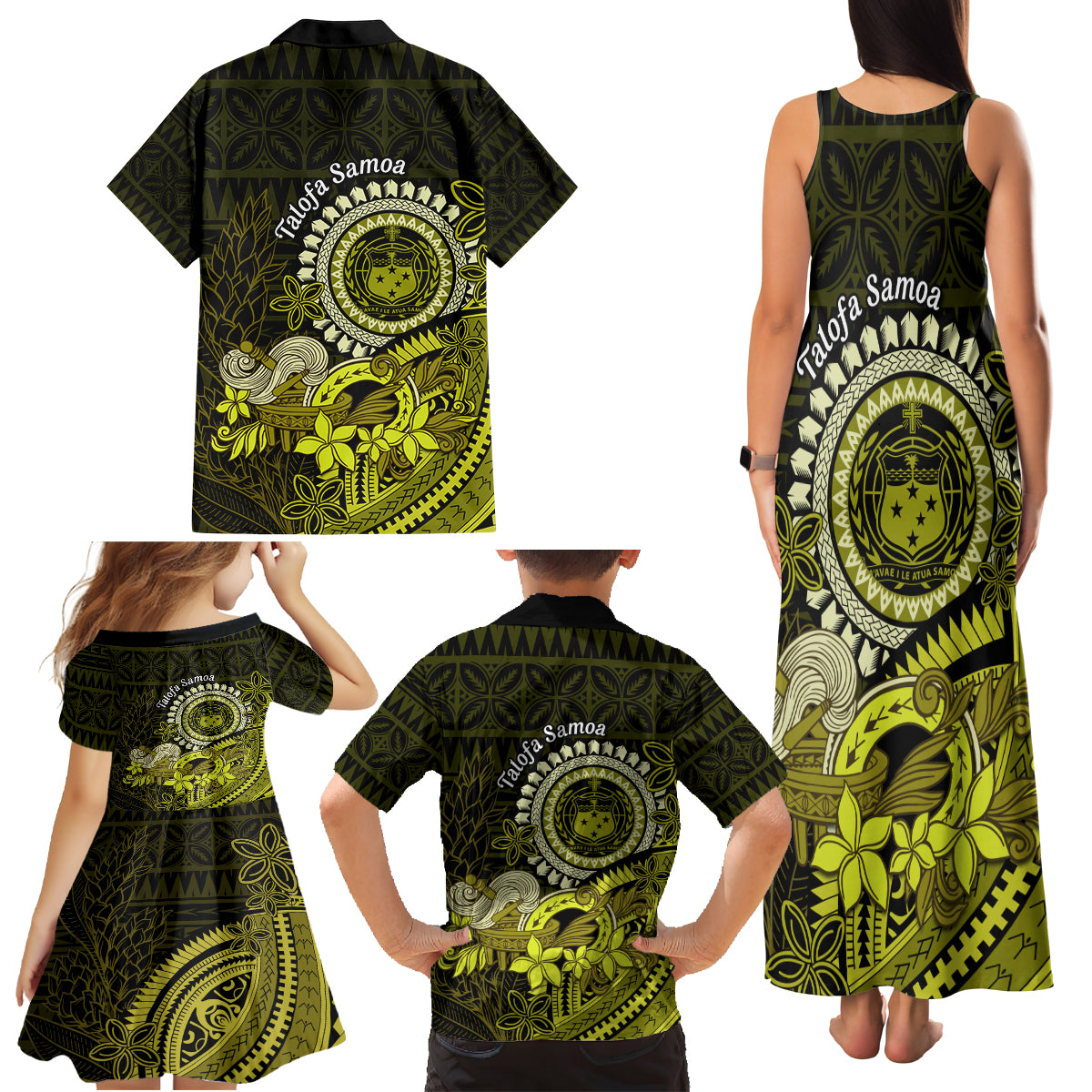 Lime Green Talofa Samoa Family Matching Tank Maxi Dress and Hawaiian Shirt Samoan Kava Bowl Siapo Pattern LT14 - Polynesian Pride
