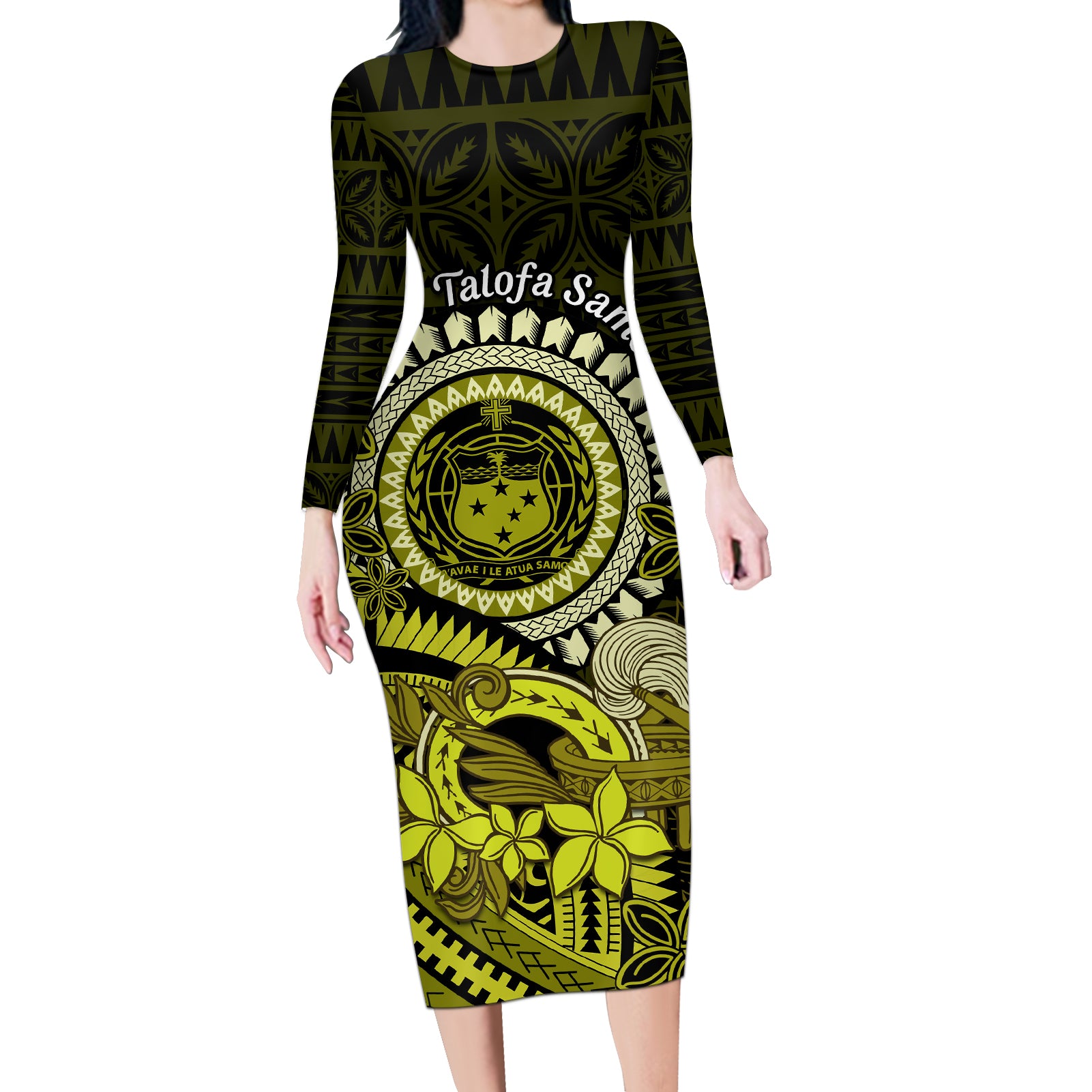 Lime Green Talofa Samoa Long Sleeve Bodycon Dress Samoan Kava Bowl Siapo Pattern LT14 Long Dress Lime Green - Polynesian Pride