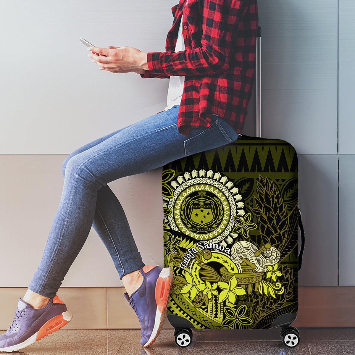 Lime Green Talofa Samoa Luggage Cover Samoan Kava Bowl Siapo Pattern LT14 - Polynesian Pride