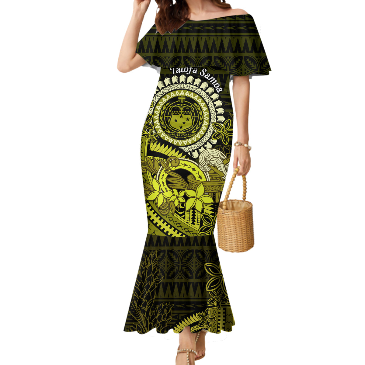 Lime Green Talofa Samoa Mermaid Dress Samoan Kava Bowl Siapo Pattern LT14 Women Lime Green - Polynesian Pride