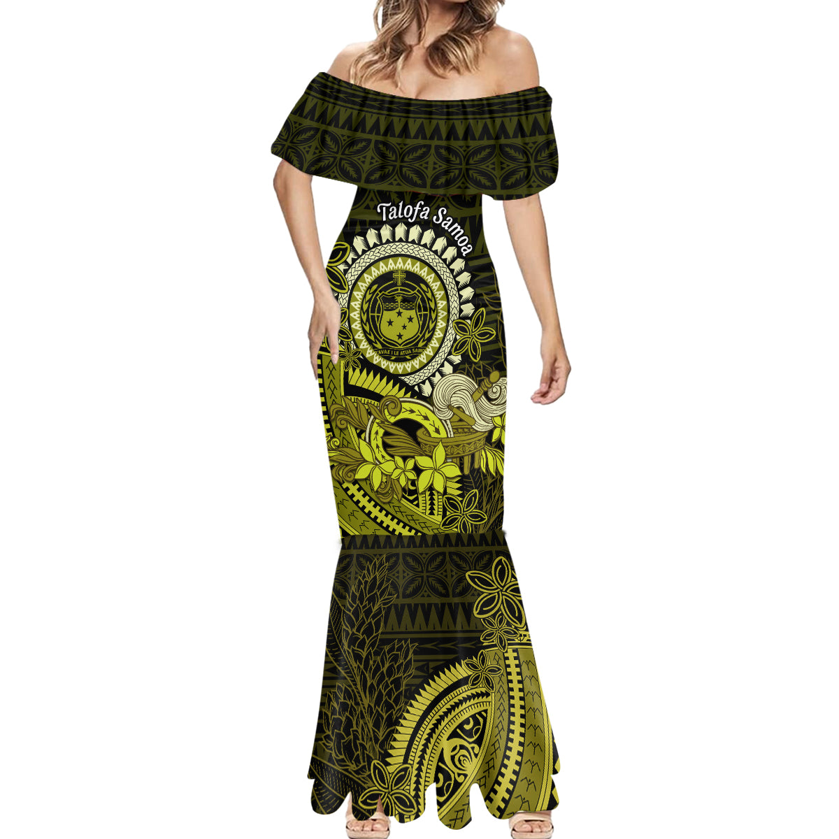 Lime Green Talofa Samoa Mermaid Dress Samoan Kava Bowl Siapo Pattern LT14 - Polynesian Pride