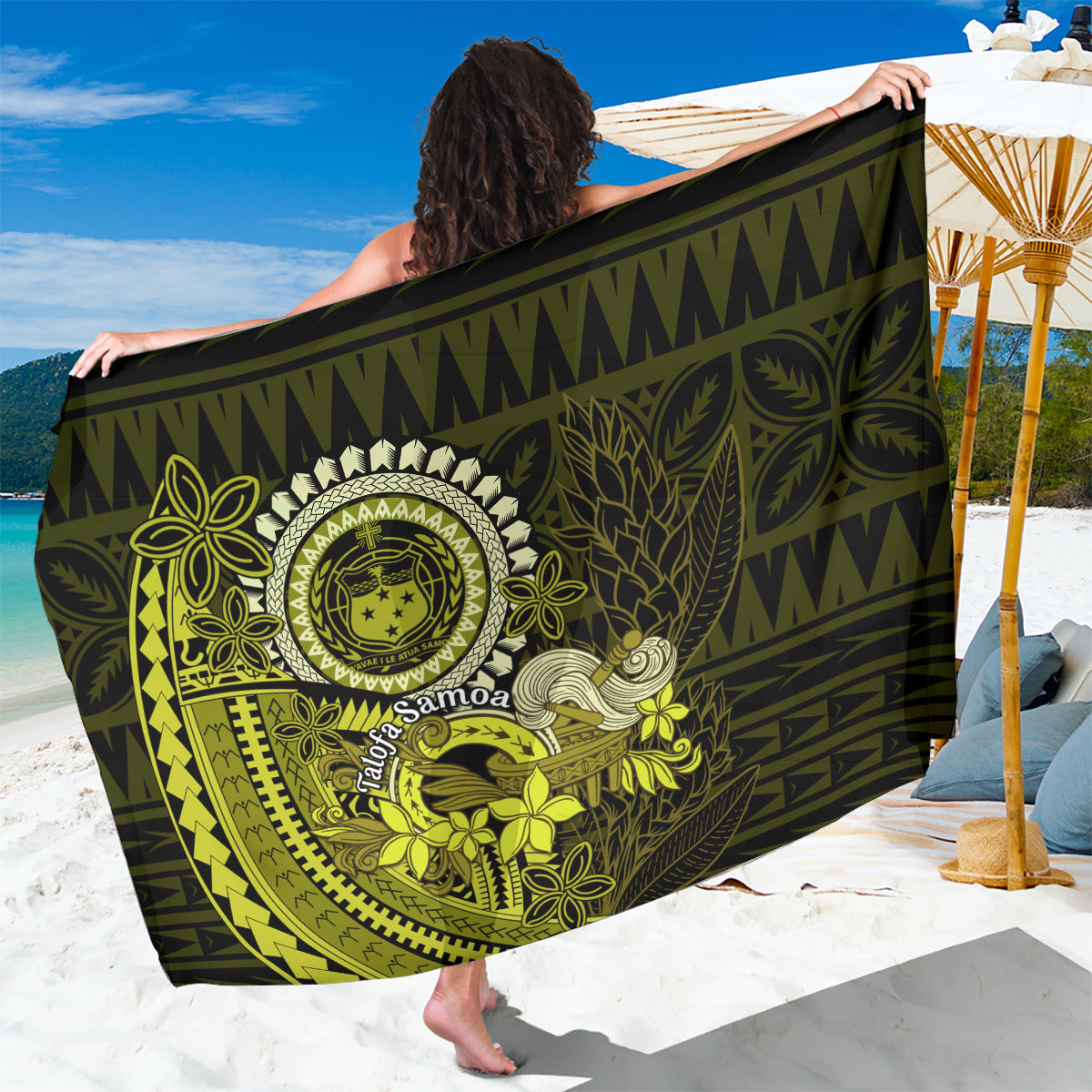 Lime Green Talofa Samoa Sarong Samoan Kava Bowl Siapo Pattern LT14 One Size 44 x 66 inches Lime Green - Polynesian Pride