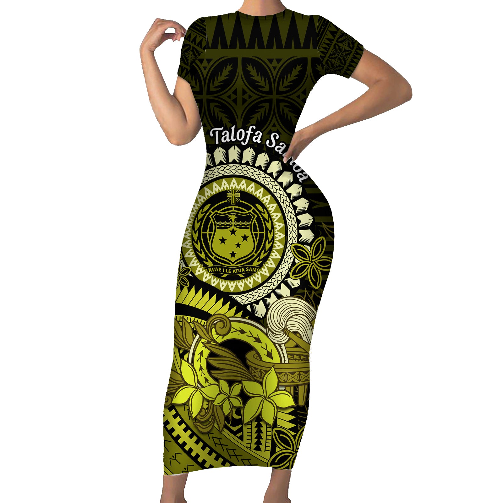 Lime Green Talofa Samoa Short Sleeve Bodycon Dress Samoan Kava Bowl Siapo Pattern LT14 Long Dress Lime Green - Polynesian Pride