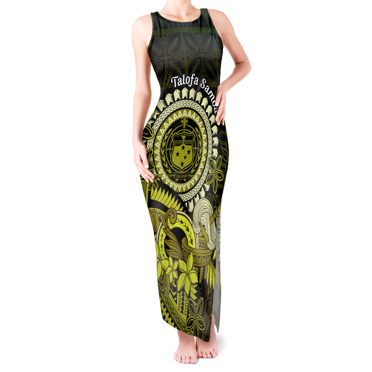 Lime Green Talofa Samoa Tank Maxi Dress Samoan Kava Bowl Siapo Pattern LT14 Women Lime Green - Polynesian Pride