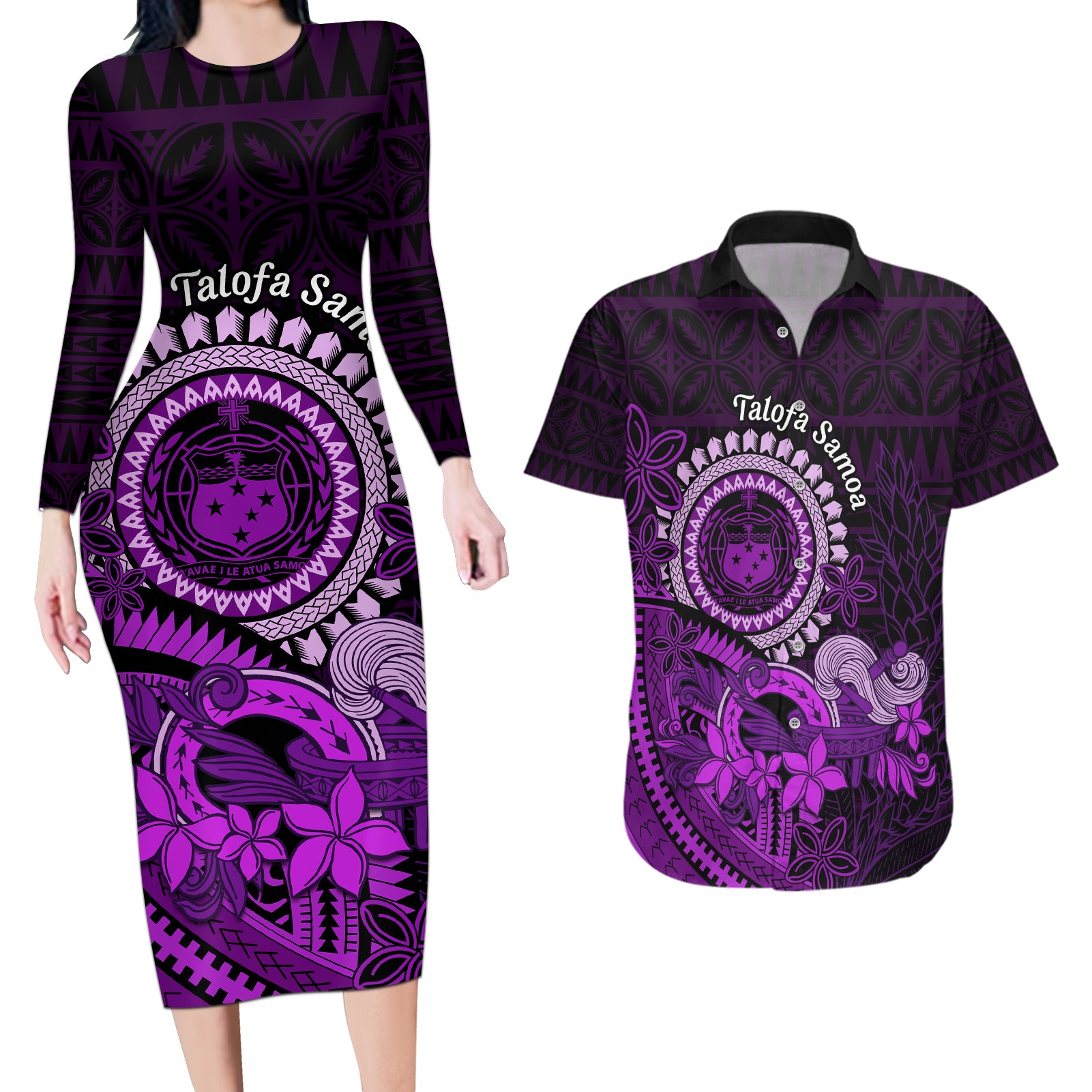 Purple Talofa Samoa Couples Matching Long Sleeve Bodycon Dress and Hawaiian Shirt Samoan Kava Bowl Siapo Pattern LT14 Purple - Polynesian Pride