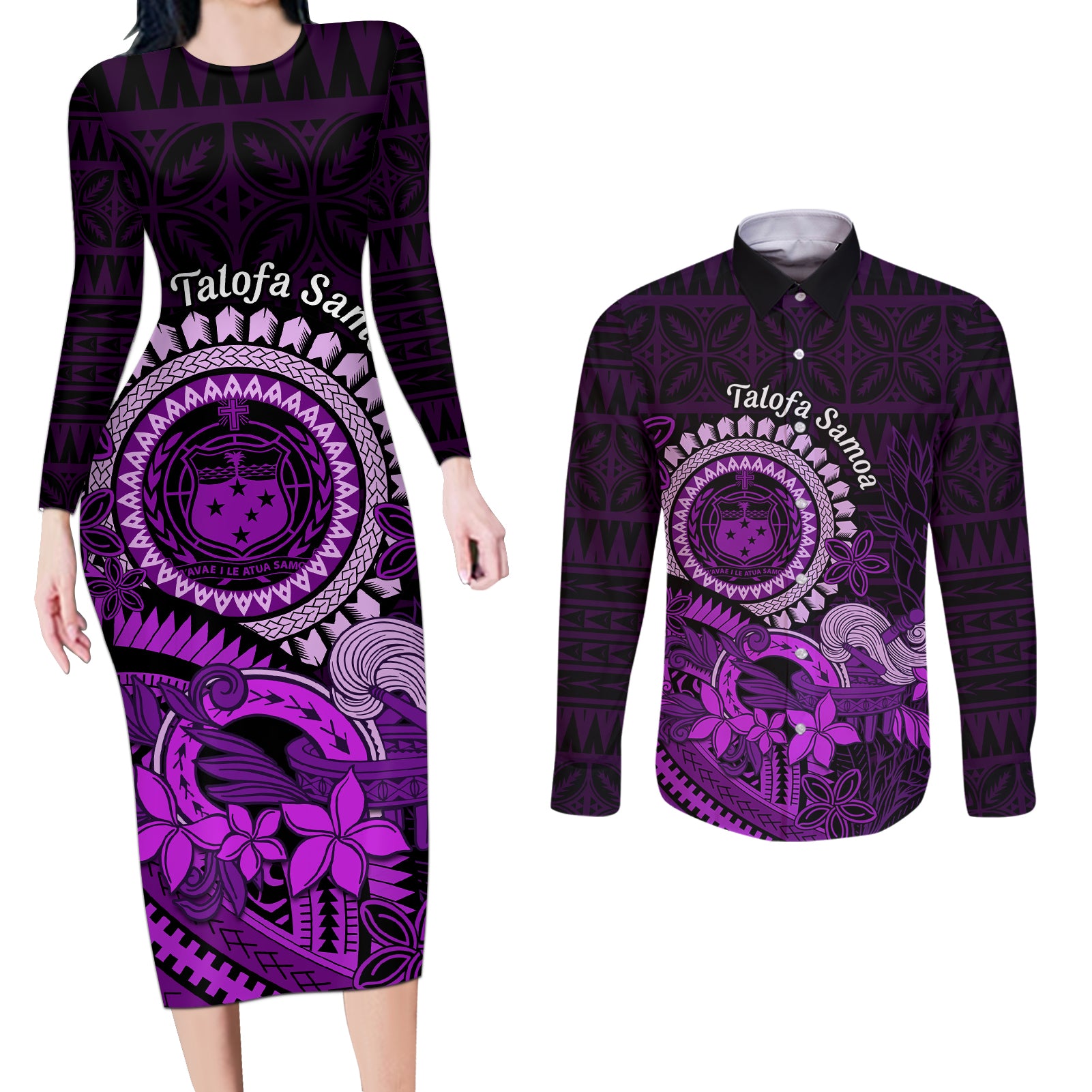 Purple Talofa Samoa Couples Matching Long Sleeve Bodycon Dress and Long Sleeve Button Shirt Samoan Kava Bowl Siapo Pattern LT14 Purple - Polynesian Pride